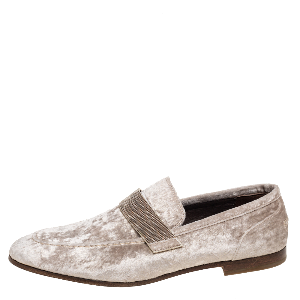 

Brunello Cucinelli Beige Glitter Velvet Embellished Strap Loafers Size
