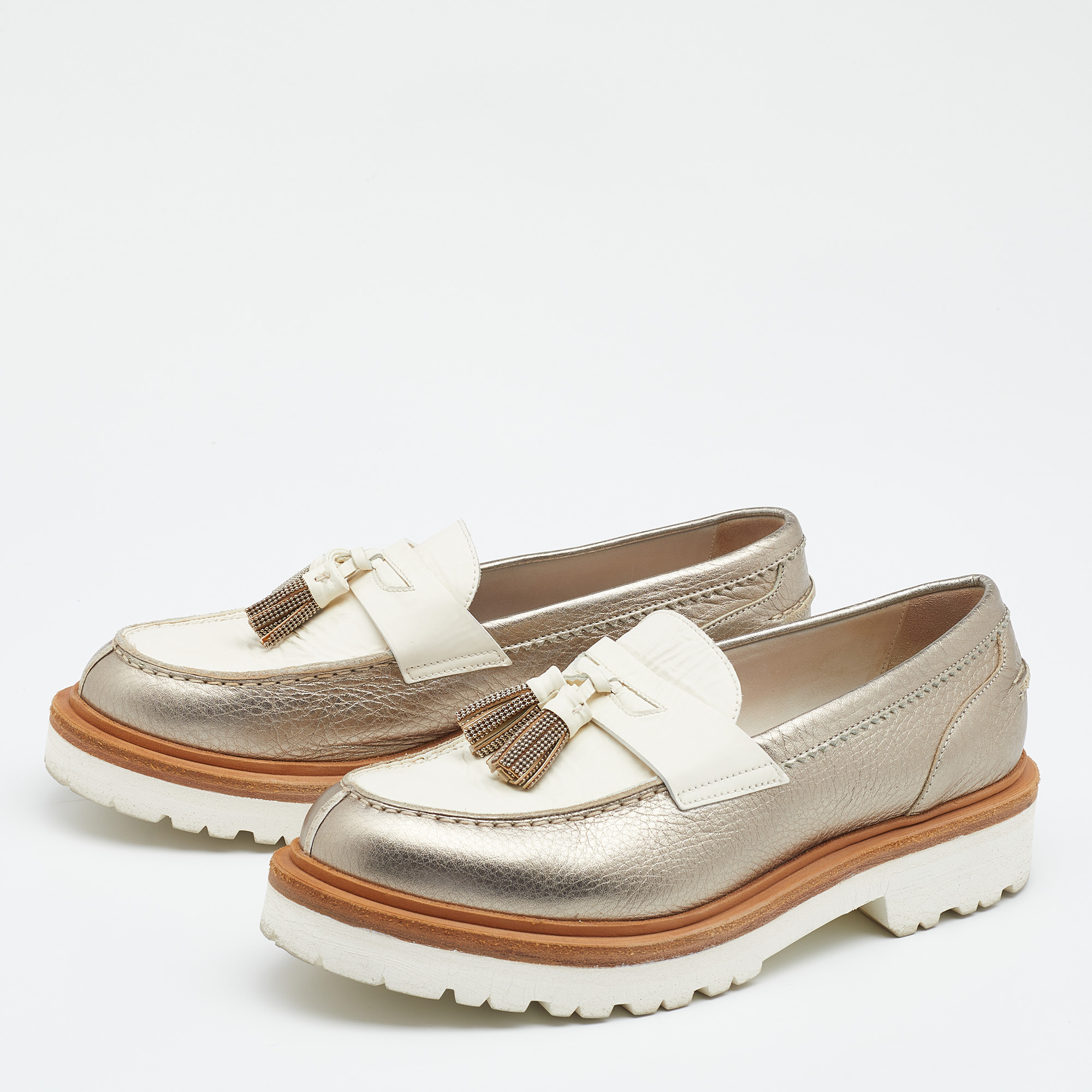 

Brunello Cucinelli Silver/White Leather Tassel Platform Slip On Loafers Size