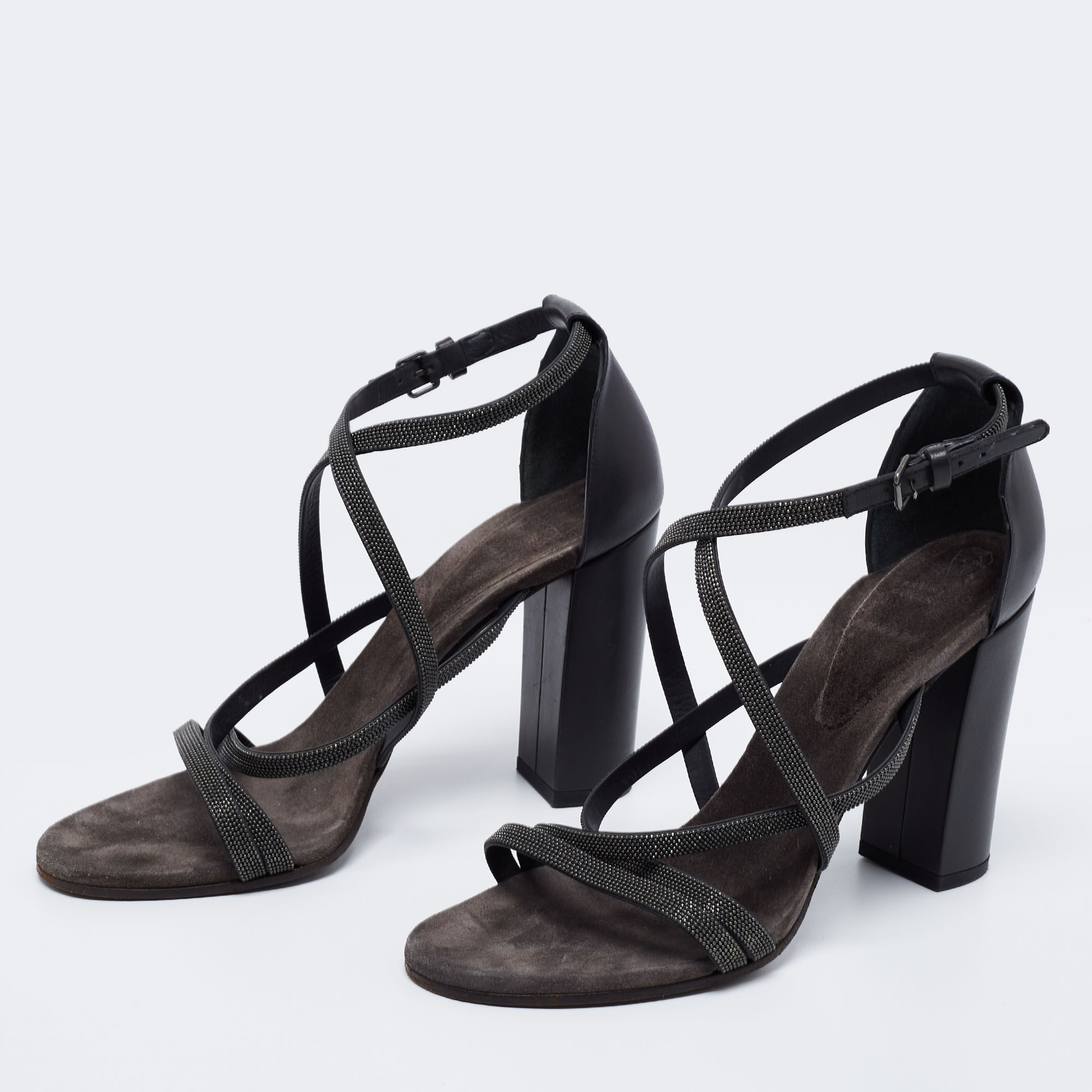 

Brunello Cucinelli Grey Leather Embellished Cross Strap Block Heel Sandals Size