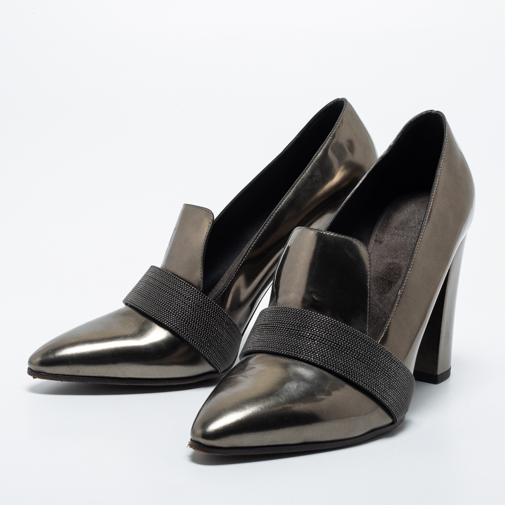 

Brunello Cucinelli Metallic Patent Block Heel Pumps Size