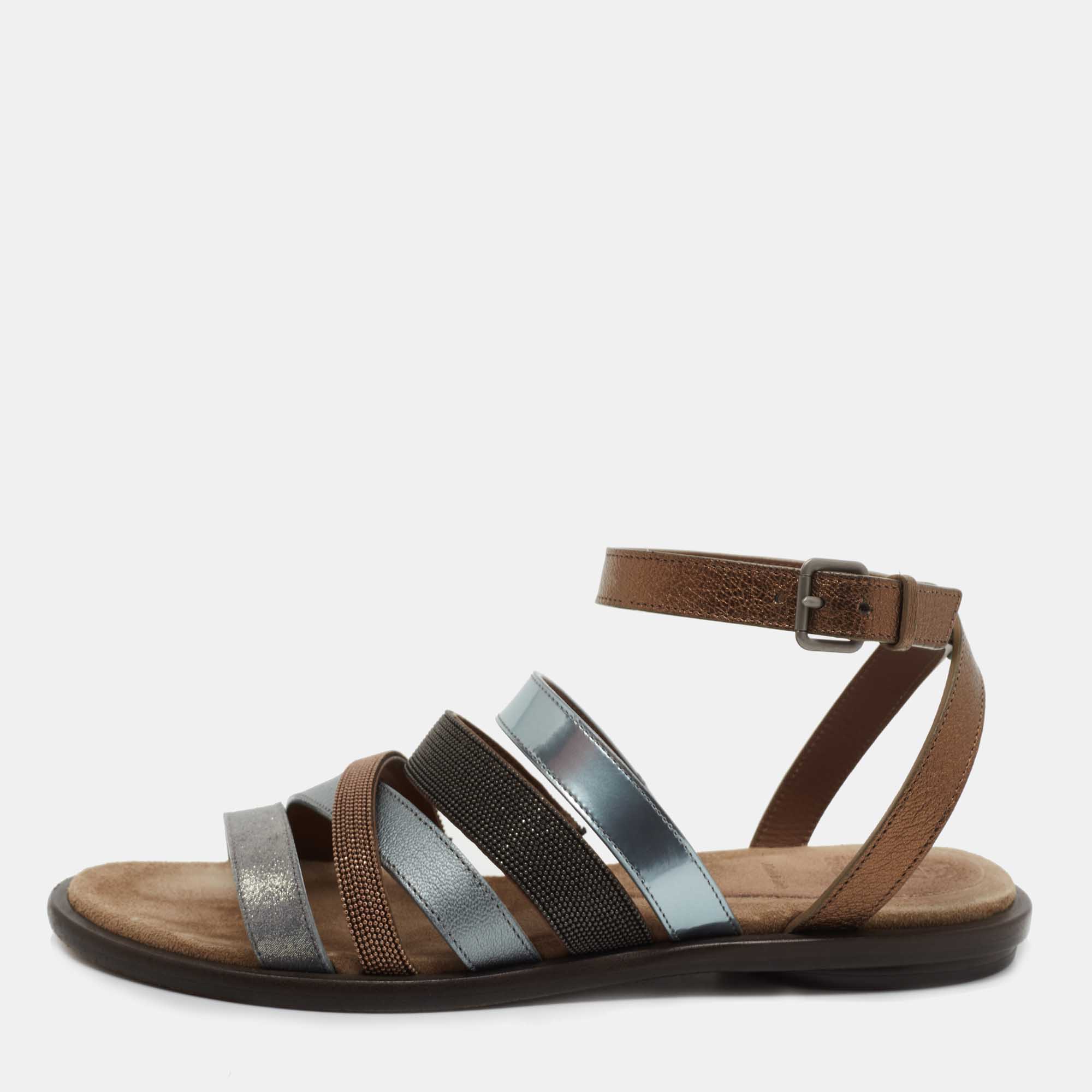 Pre-owned Brunello Cucinelli Multicolor Leather And Fabric Monile Crossover Ankle Strap Flats Size 37