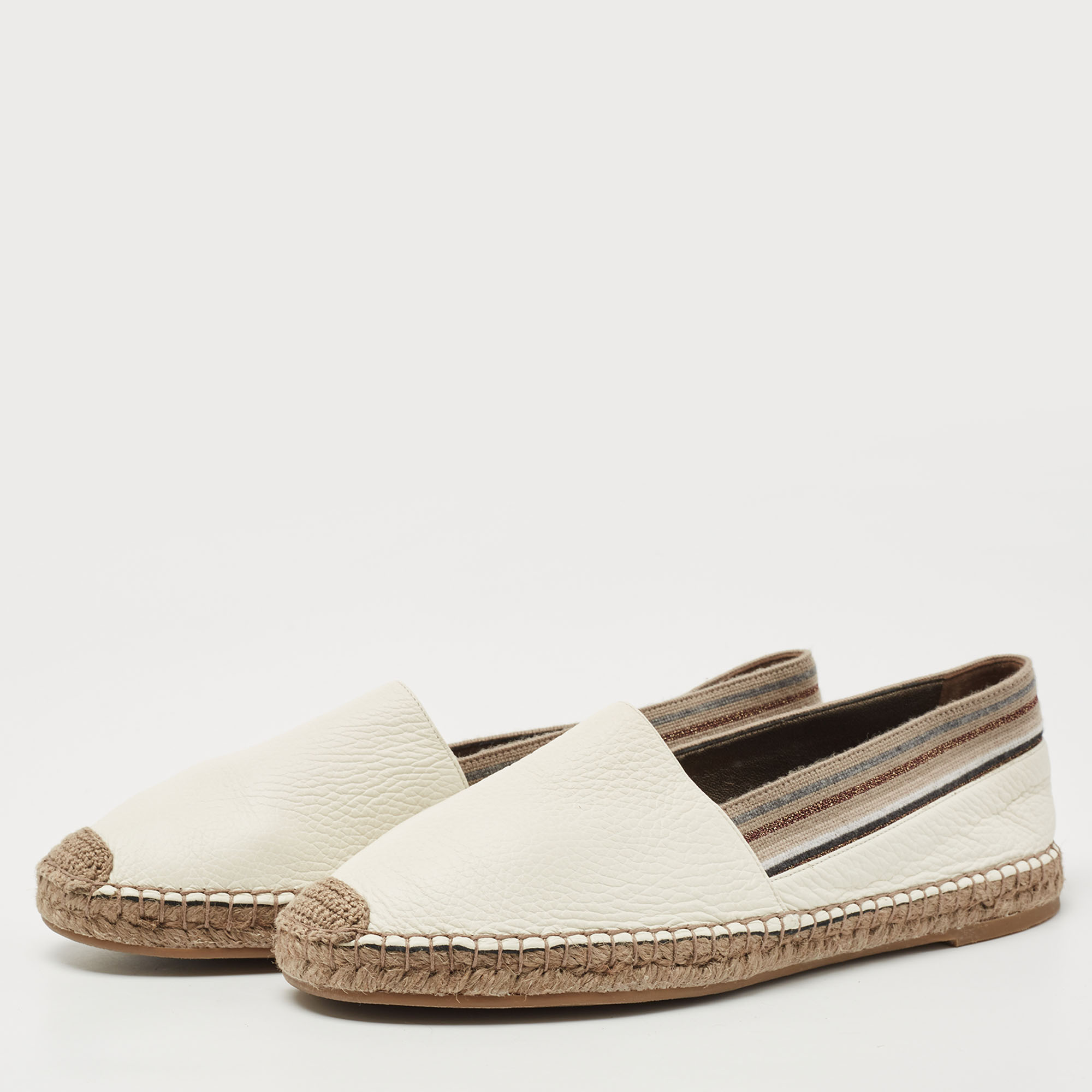 

Brunello Cucinelli White Leather Slip On Espadrille Size, Cream
