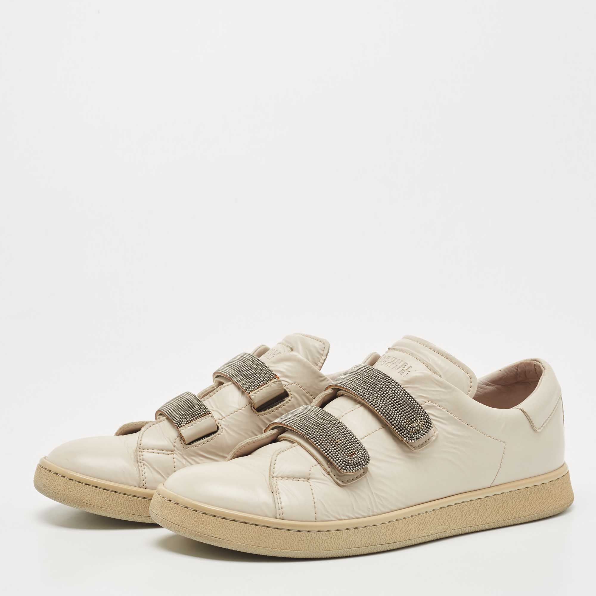 

Brunello Cucinelli Cream Leather Velcro Strap Low Top Sneakers Size