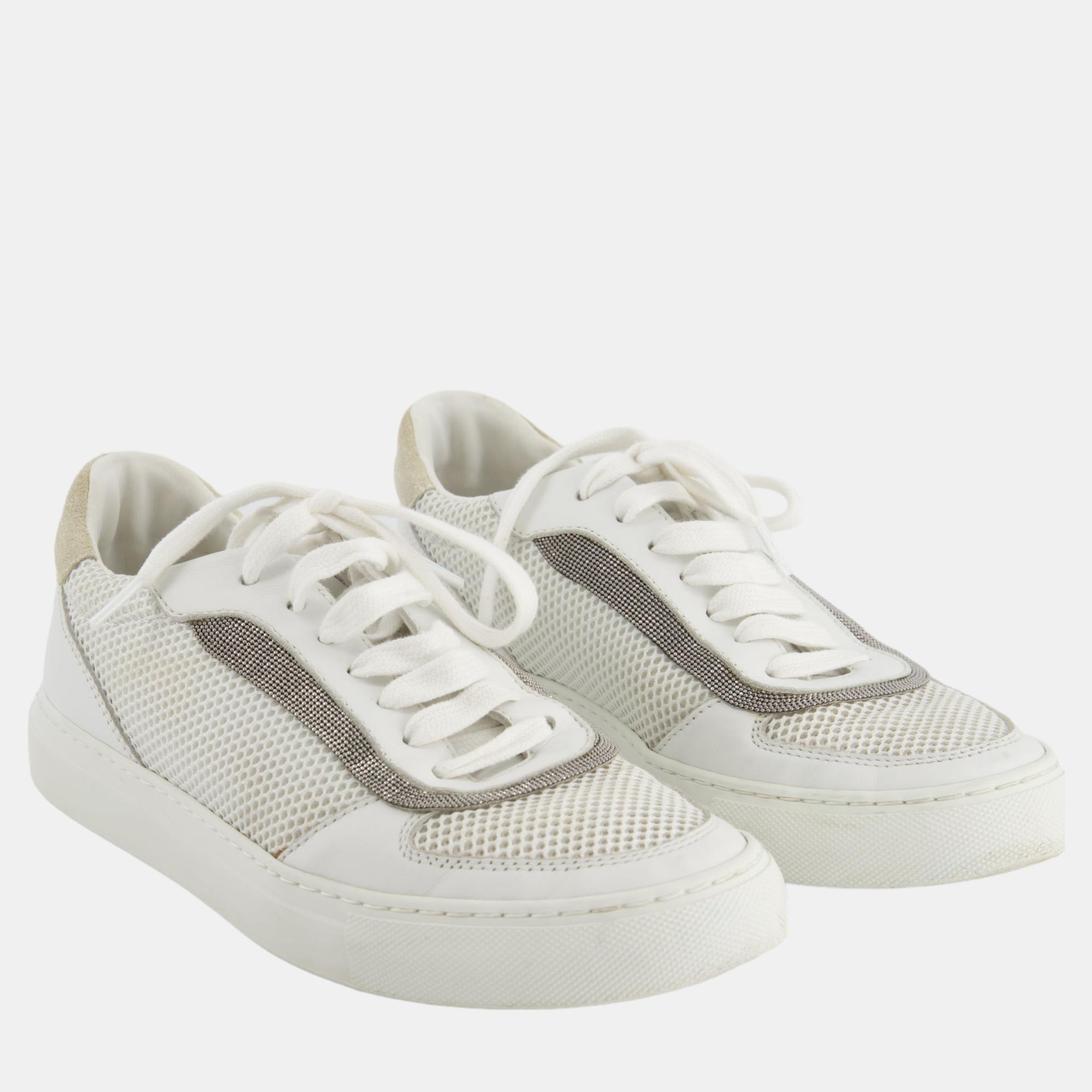 

Brunello Cucinelli White Leather Trainers with Crystals Detail Size EU