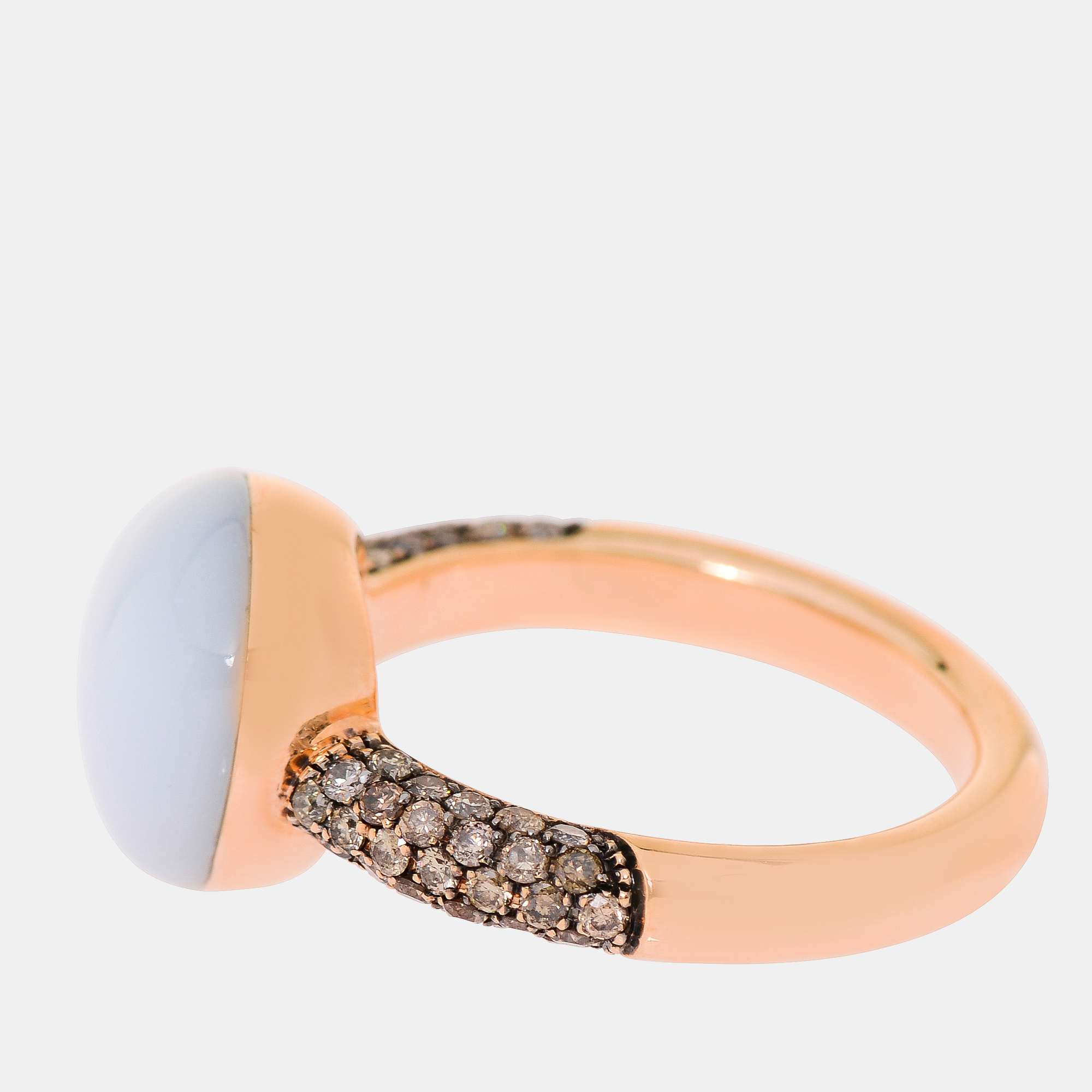 

Bucherer Rhodium Finished 18K Rose Gold, Chalcedony 4.00ct. tw., and Brown Fancy Cut Diamond Statement Ring