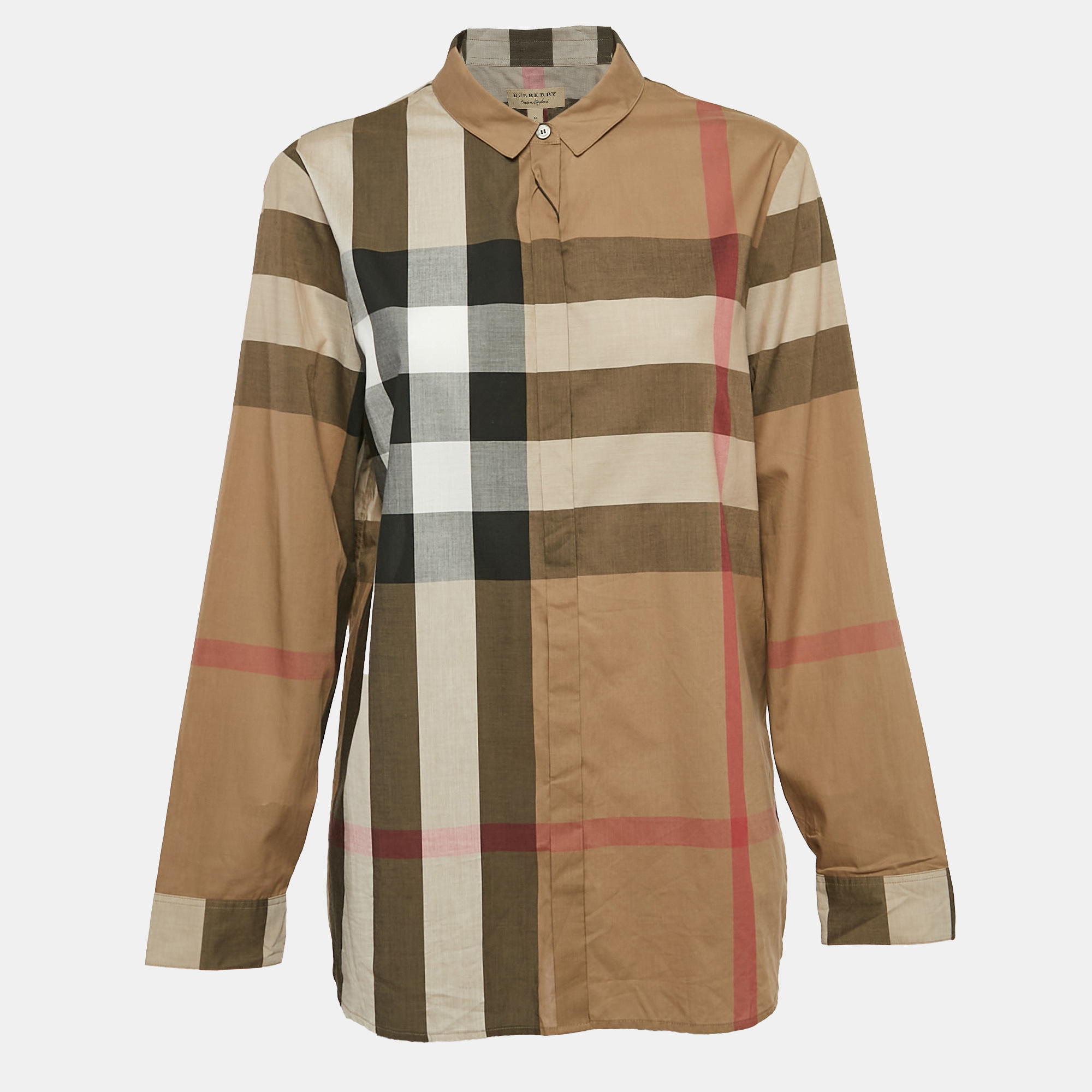 

Burberry Brit Taupe Brown Checked Cotton Button Front Shirt XL