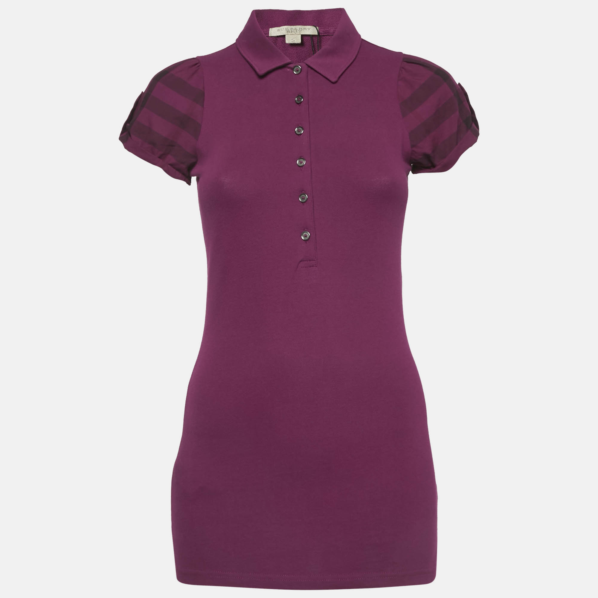 

Burberry Brit Pink Pique Checked Puff Sleeve Polo T-Shirt S