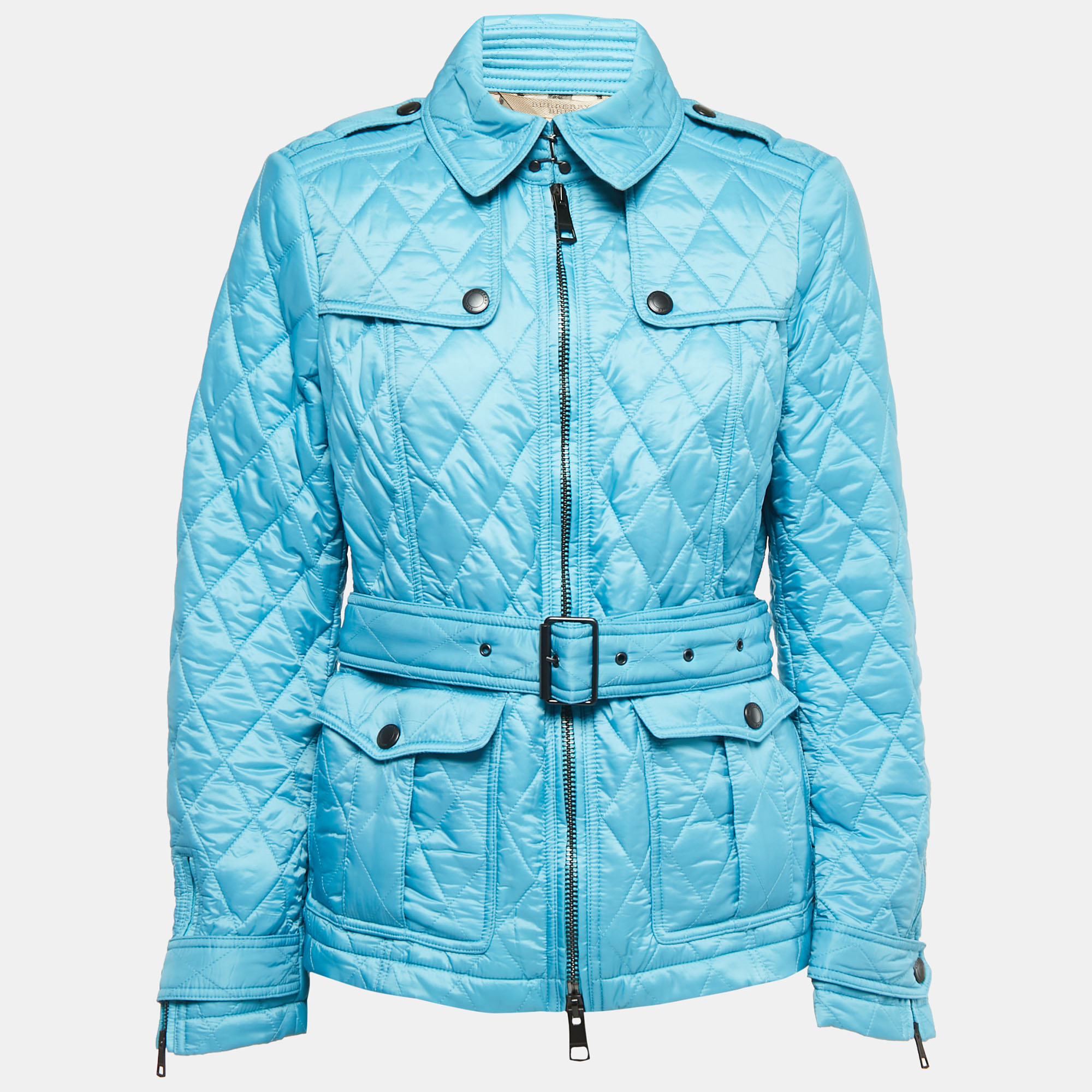 مملوكة مسبقًا Burberry Brit Blue Quilted Nylon Zip Front Belted Jacket M