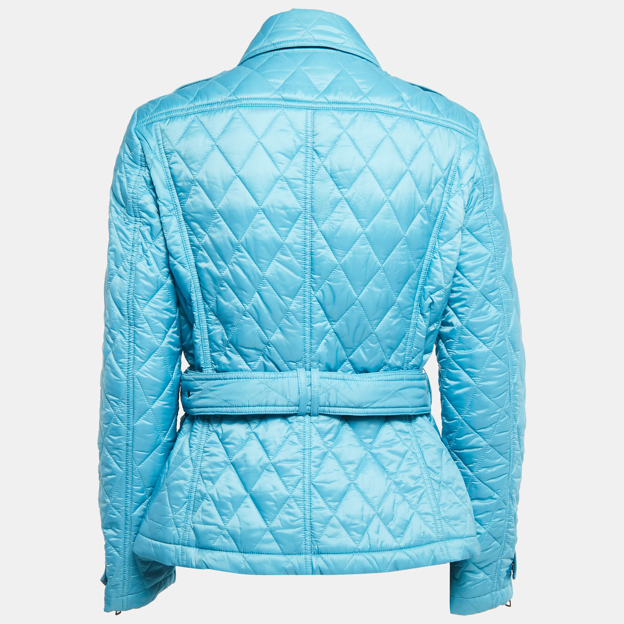 

Burberry Brit Blue Quilted Nylon Zip Front Belted Jacket