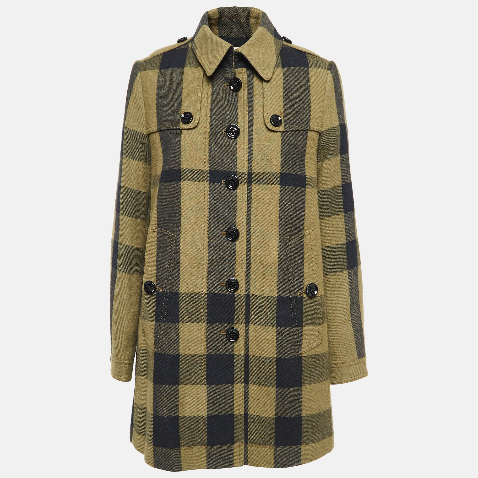 

Burberry Green Nova Check Wool Blend Button Mid-Length Coat M