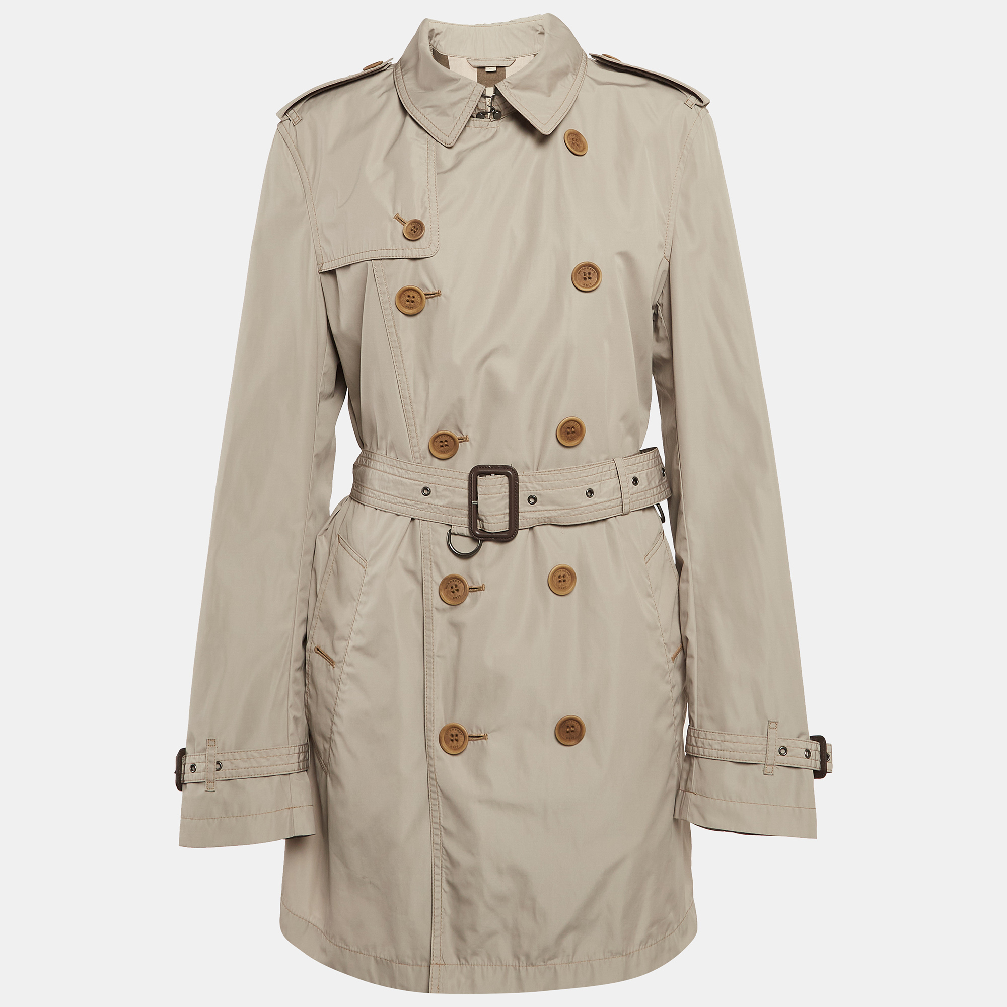 The Burberry Brit Kensington trench coat is a timeless outerwear piece featuring a classic belted silhouette. Crafted from high quality synthetic fabric it offers a sleek water resistant design with signature Burberry check lining. The coat's tailored fit and double breasted front create a polished look perfect for versatile styling and year round wear.