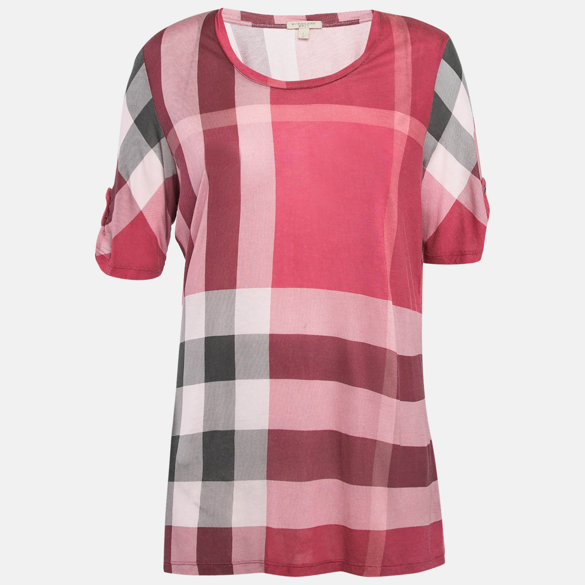 Pre-owned Burberry Pink Plaid Modal Jersey Top L