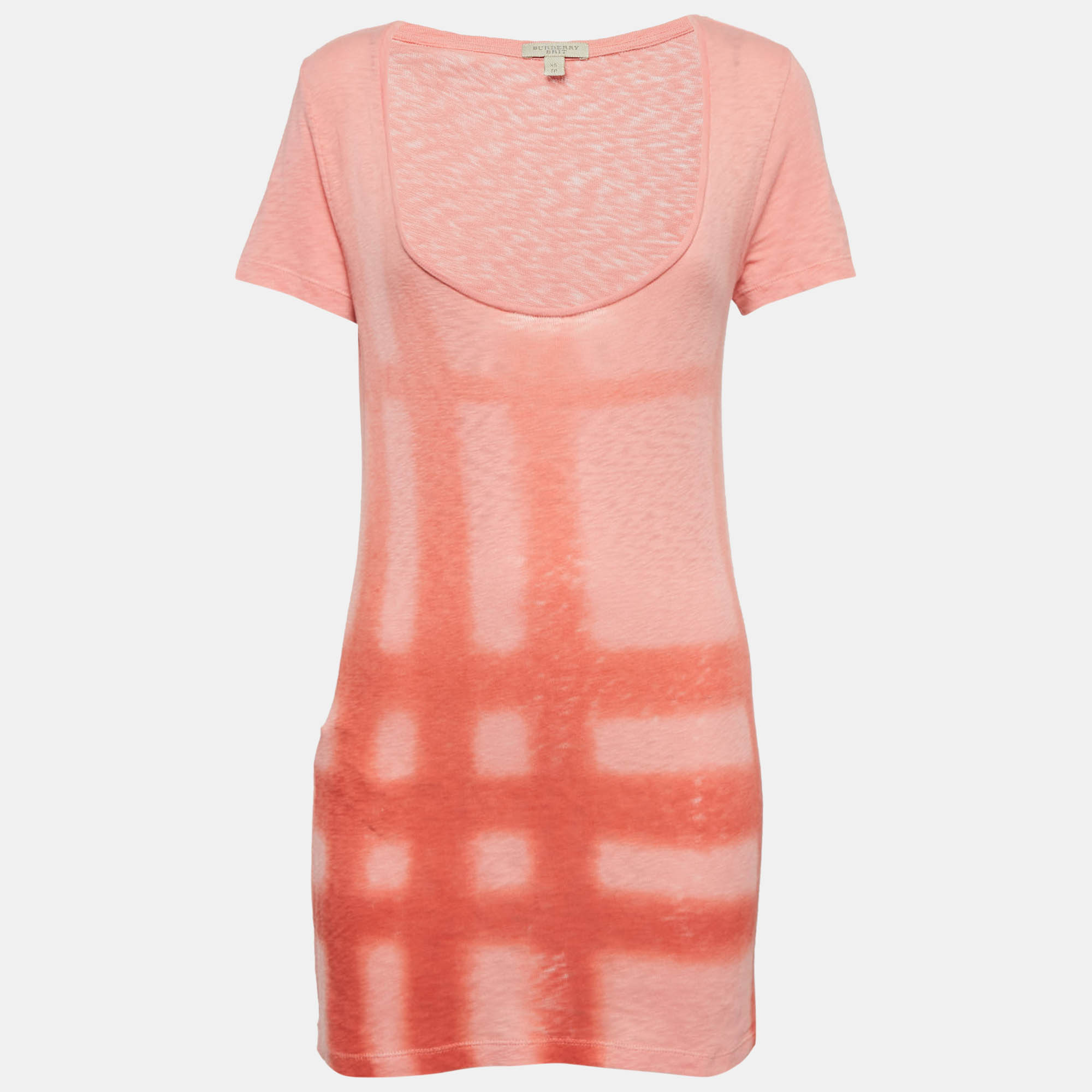 

Burberry Brit Coral Pink Check Sprayed Cotton Scoop Neck T-Shirt XS