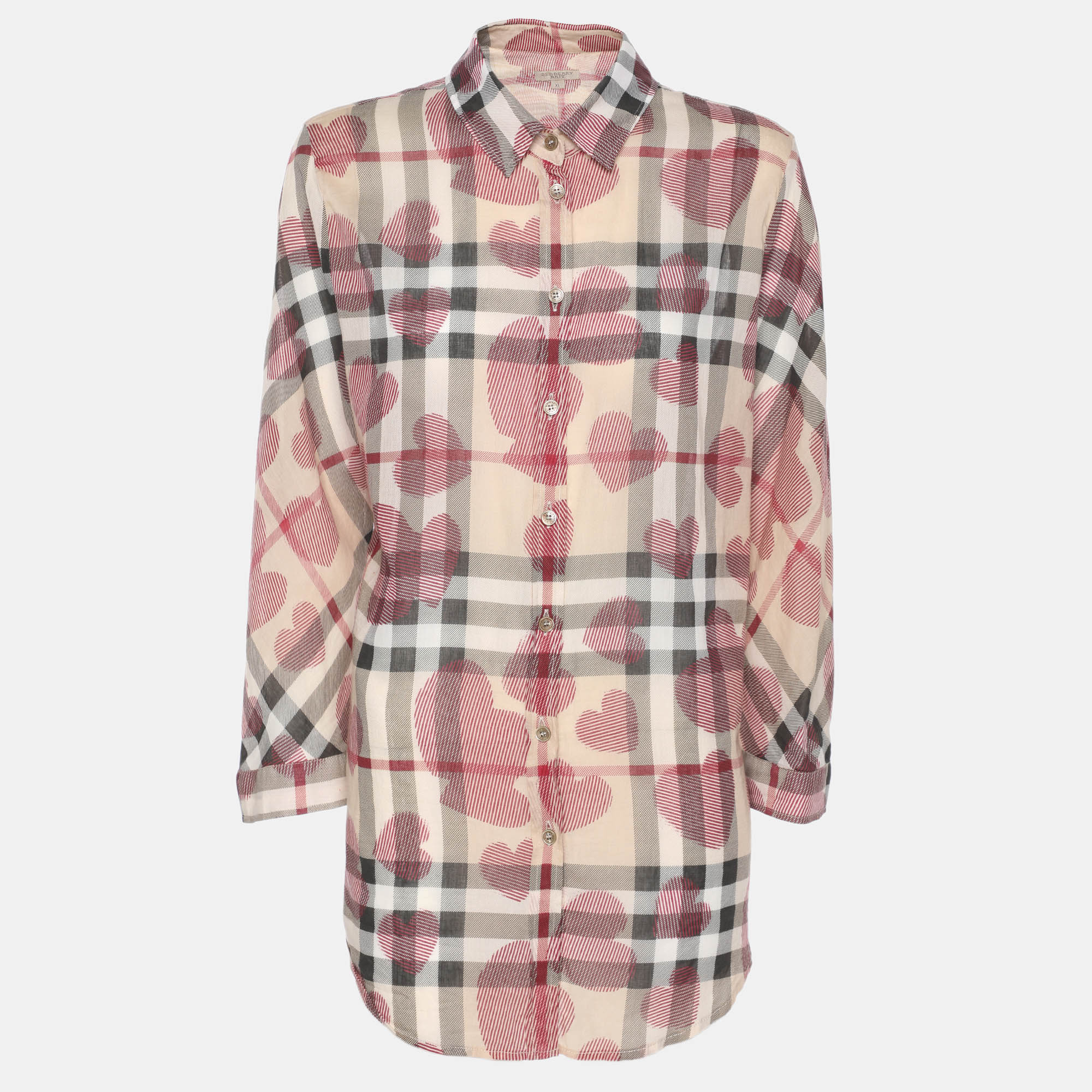 

Burberry Brit Multicolor Heart Print Nova Check Cotton Plaid Button Shirt XL