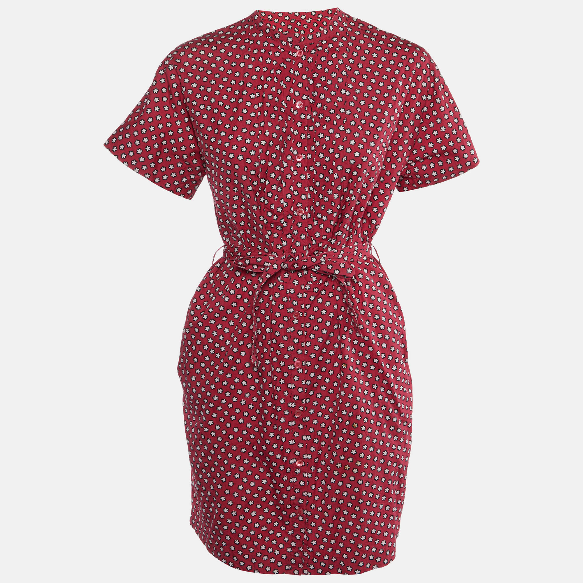 

Burberry Red Printed Cotton Belted Shirt Dress S