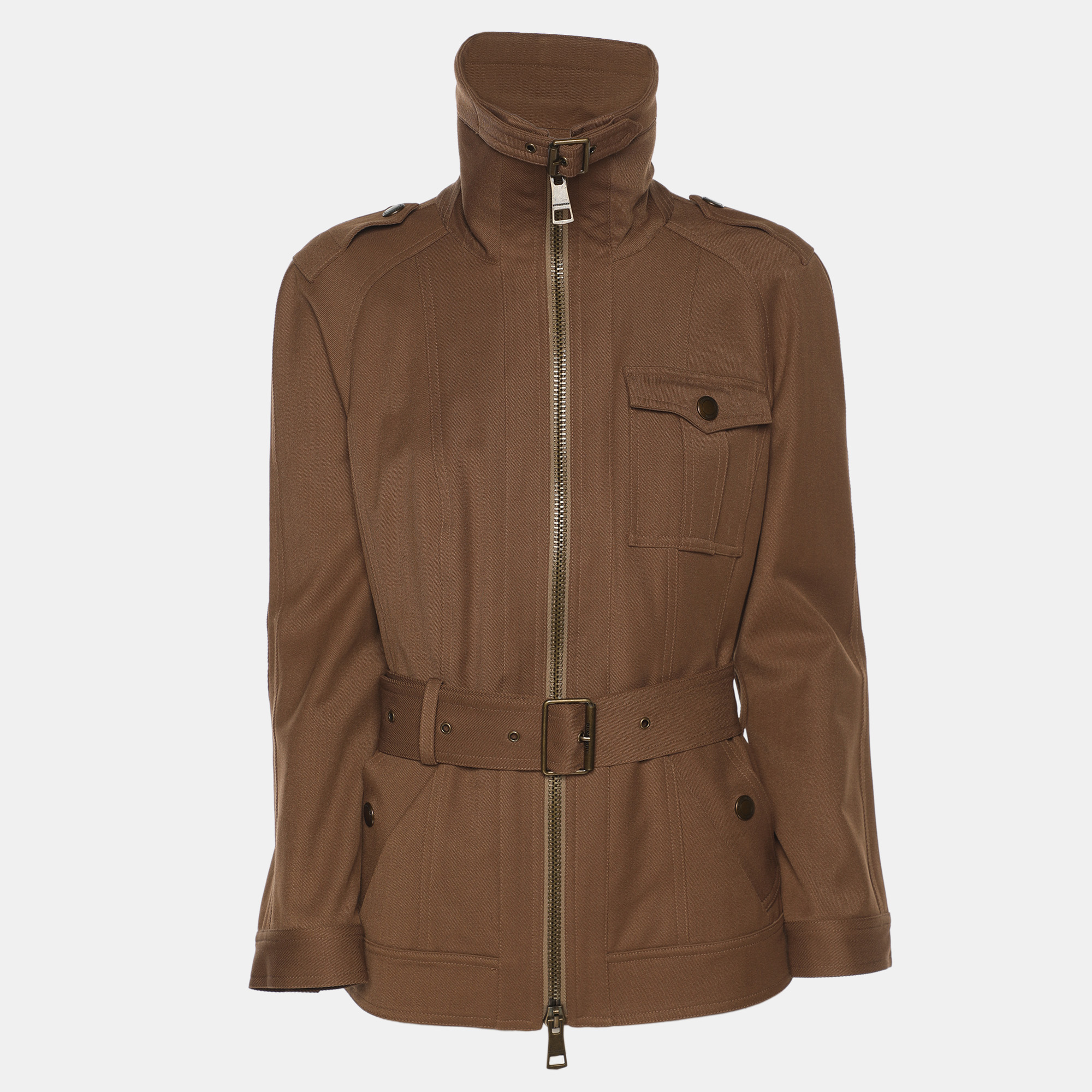 Pre-owned Burberry Brown Gabardine Belted Zip Jacket S