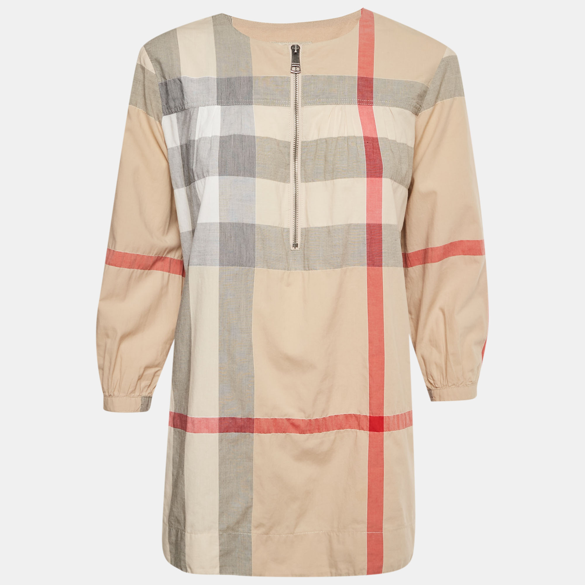 Pre-owned Burberry Brown Checked Cotton Tunic Xs In Sand
