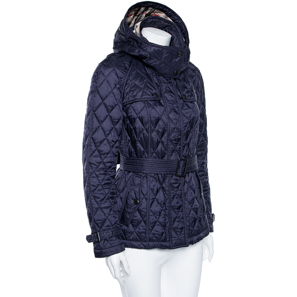 

Burberry Brit Navy Blue Quilted Synthetic Finsbridge Belted Hooded Jacket