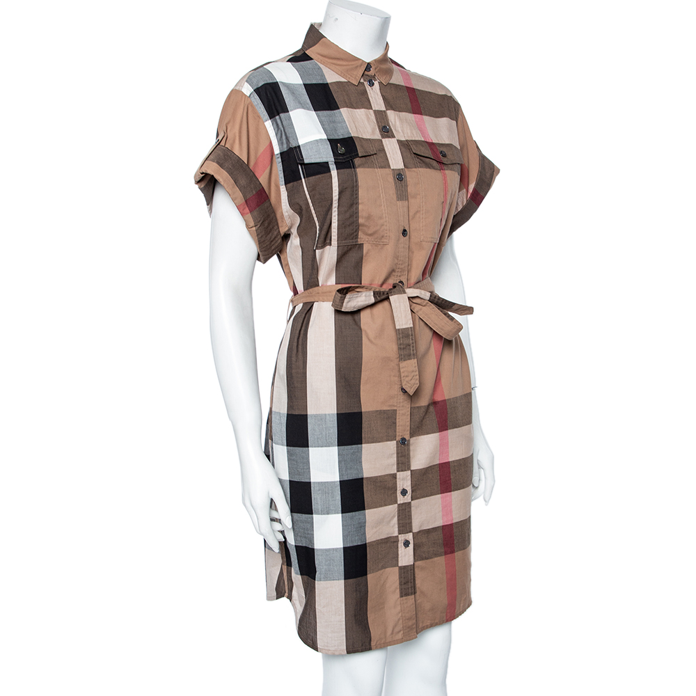 

Burberry Brit Brown Checkered Cotton Belted Shirt Dress