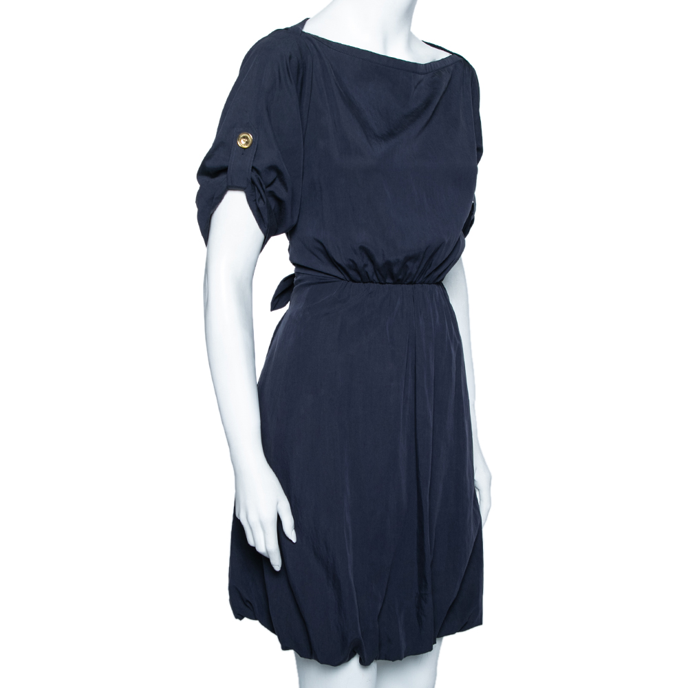 

Burberry Brit Navy Blue Crepe Gathered Waist Tie Detailed Dress