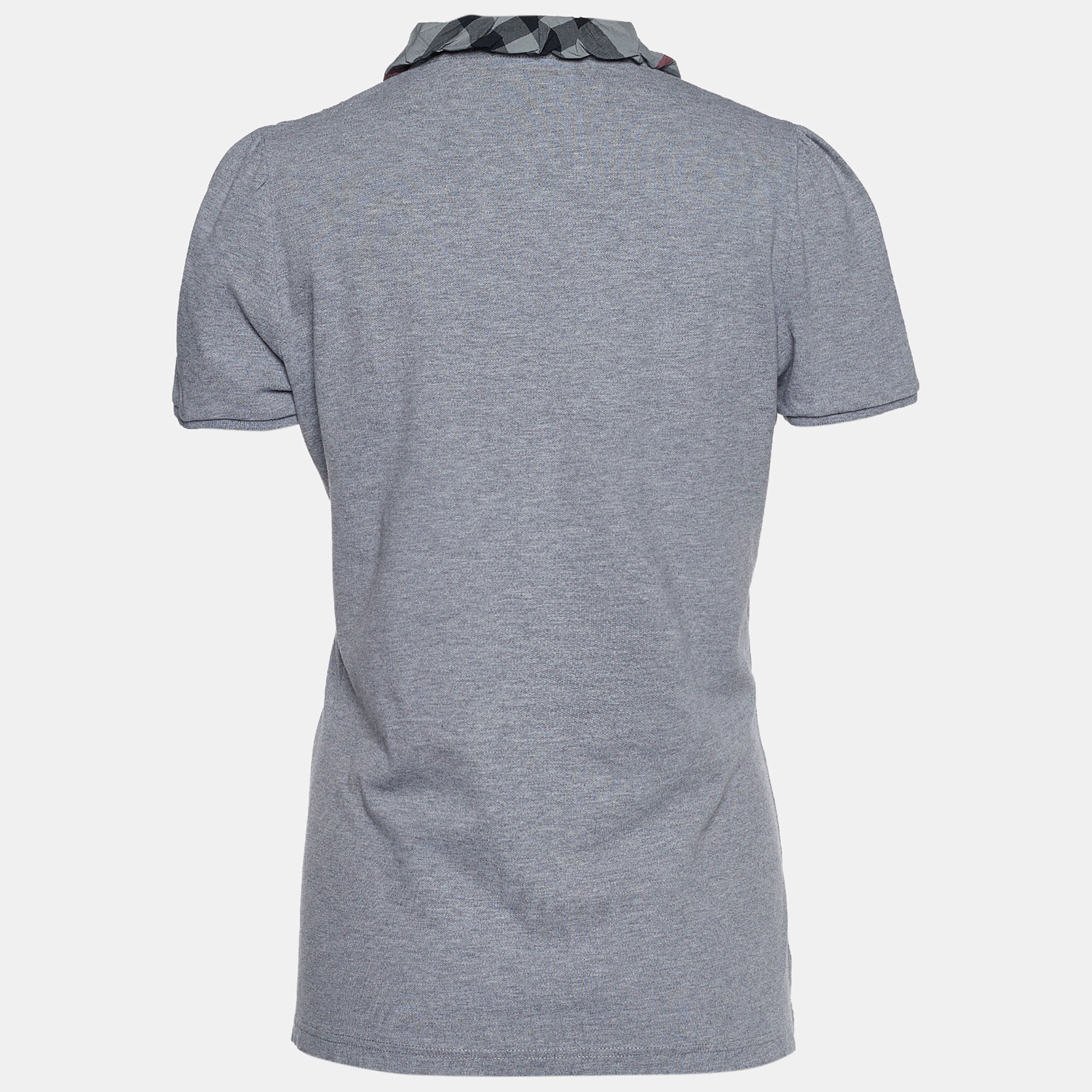 

Burberry Brit Grey Cotton Pique Nova Check Collar Detail Polo T-Shirt