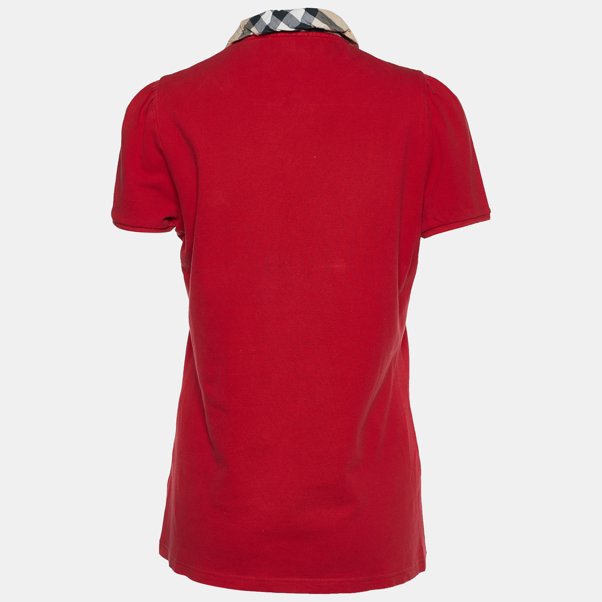 

Burberry Brit Red Cotton Pique Nova Check Collar Detail Polo T-Shirt