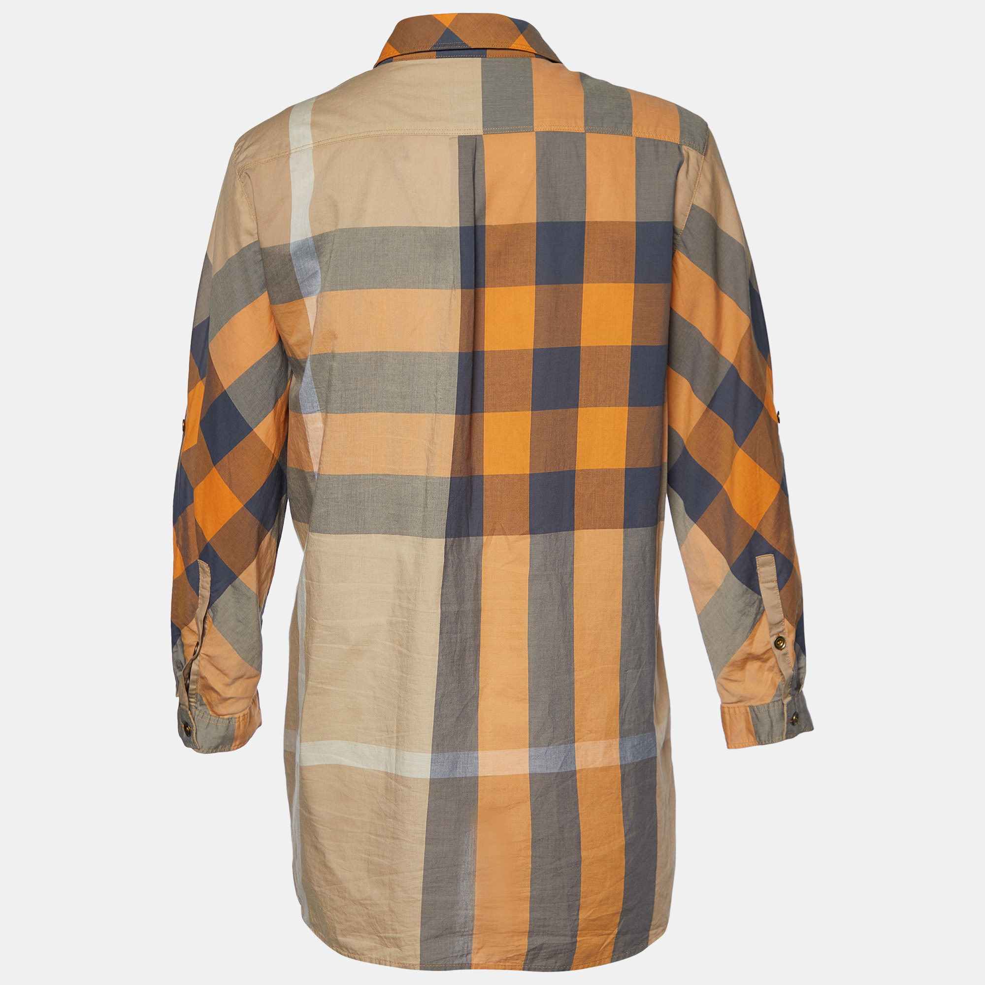 

Burberry Brit Orange Checked Cotton Gathered Button Front Blouse