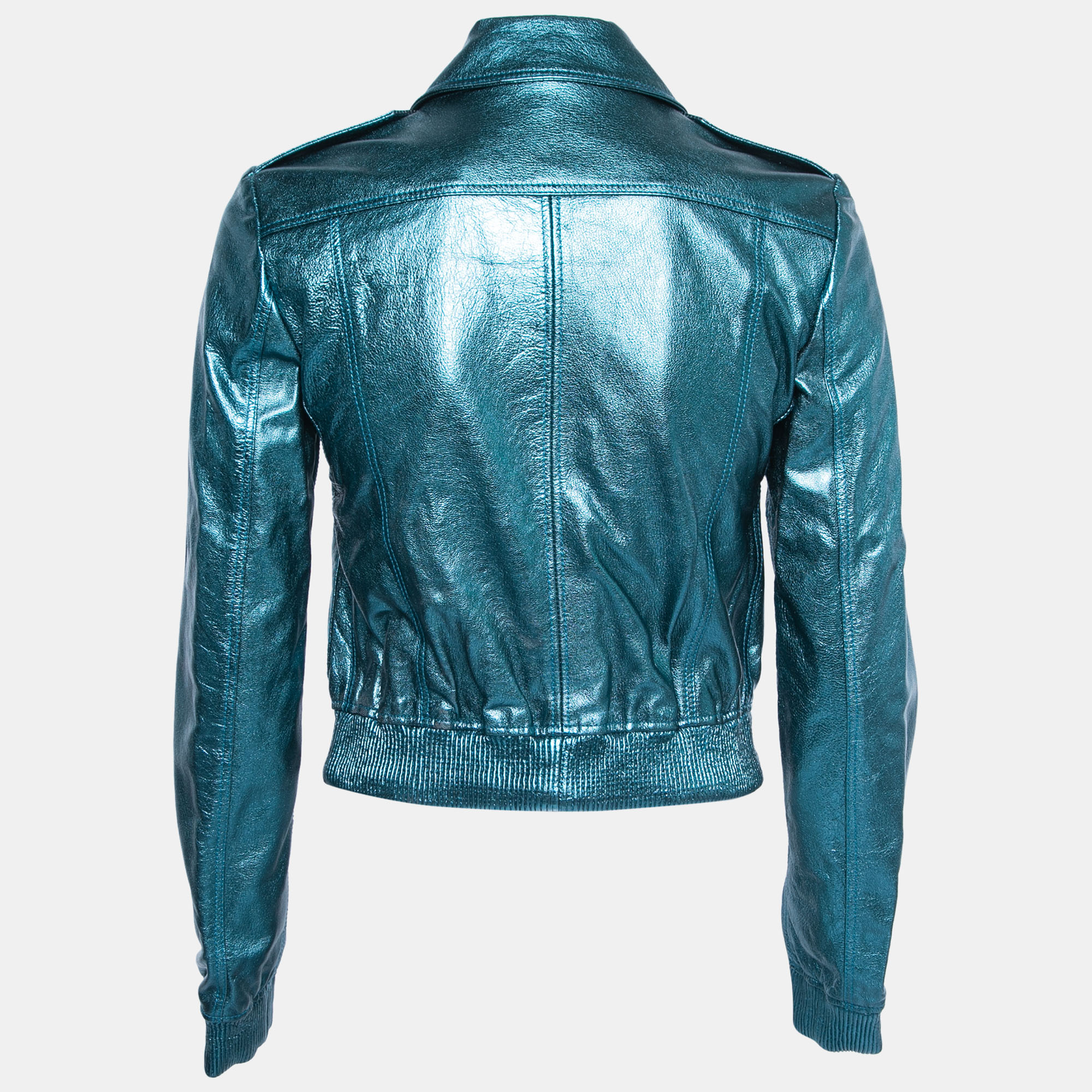 

Burberry Brit Metallic Blue Leather Zip Front Biker Jacket