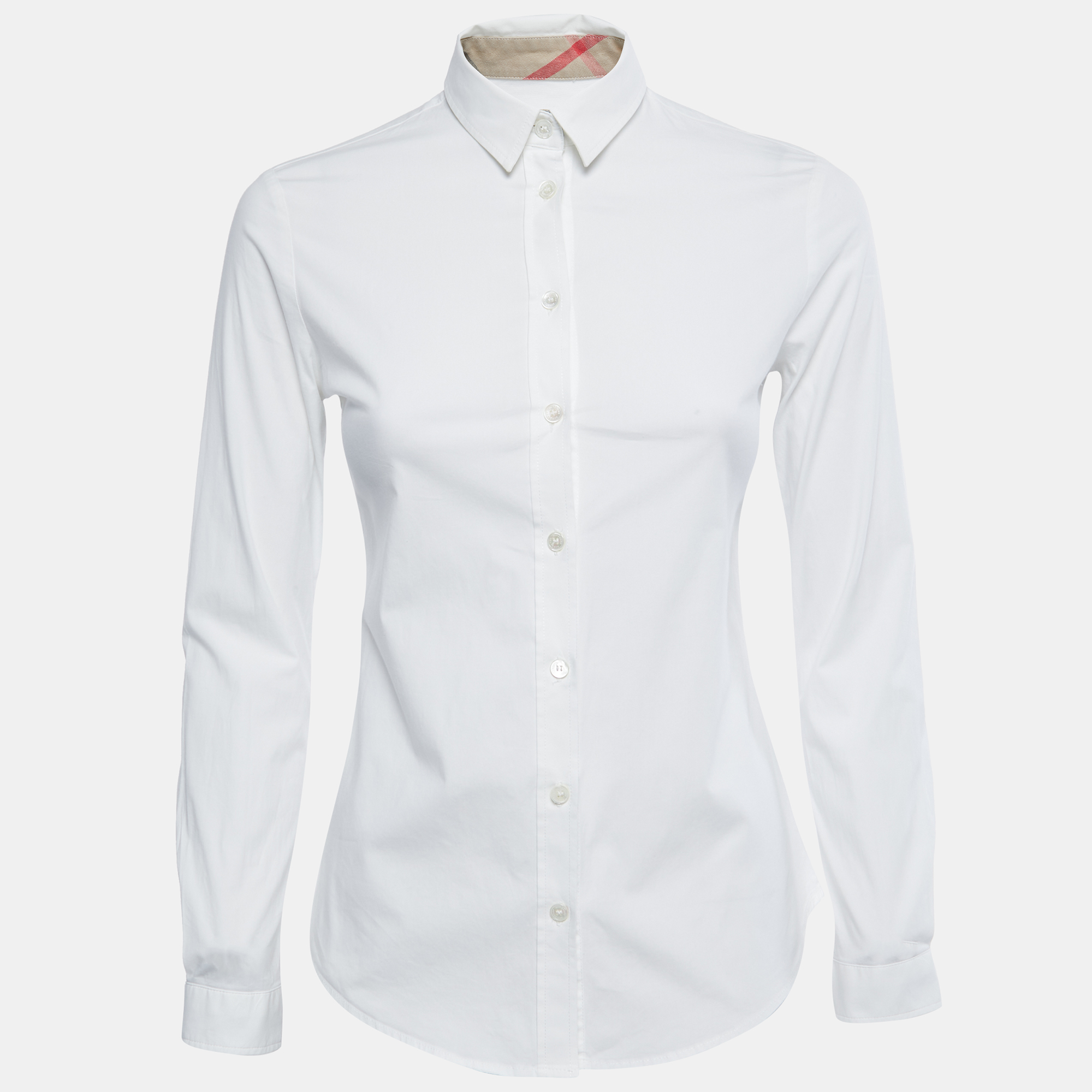 مملوكة مسبقًا قميص بربري بريت طرف كاروهات قطن أبيض مزين بأزرار أمامية مقاس وسط ( ميديوم )