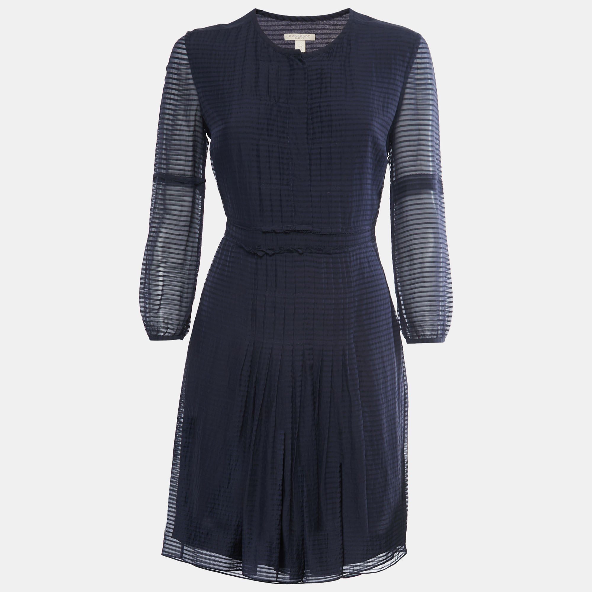 Pre-owned Burberry Navy Blue Striped Wool & Silk Pleated Midi Dress S