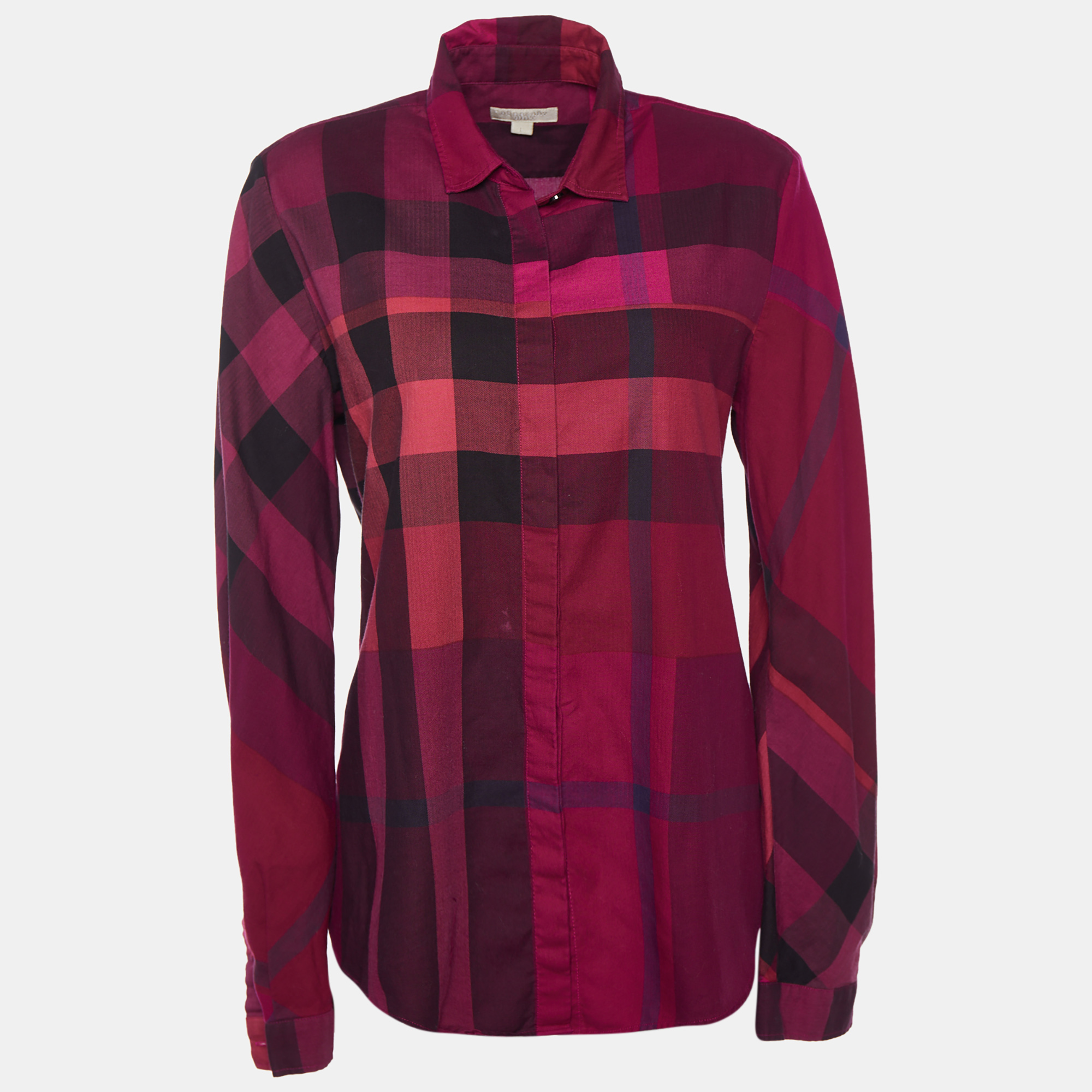 Pre-owned Burberry Magenta Checkered Cotton Button Front Shirt L In Pink