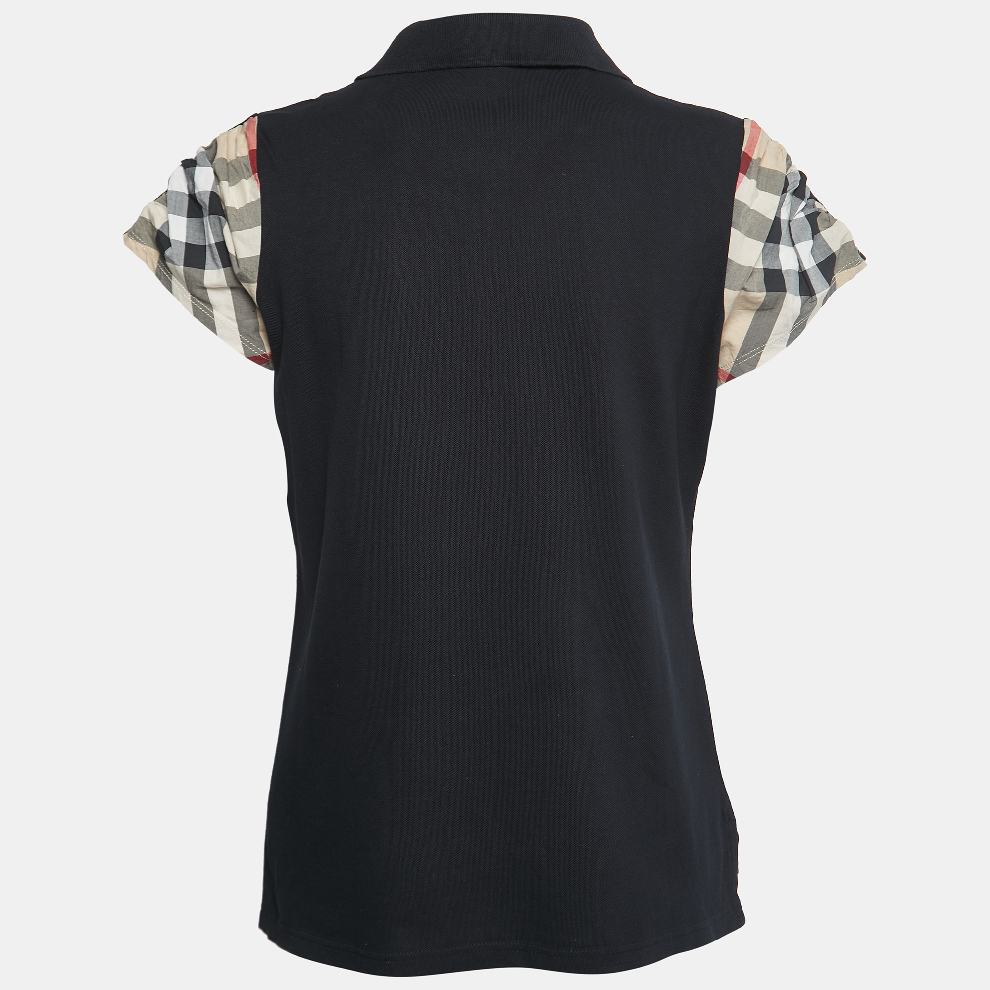 

Burberry Brit Black Cotton Pique Nova Check Sleeve Detail Polo T-Shirt