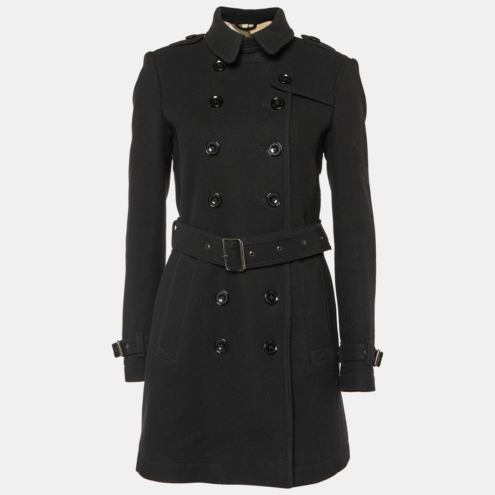 Pre Owned Burberry Brit Black Wool Double Breasted Belted Coat S