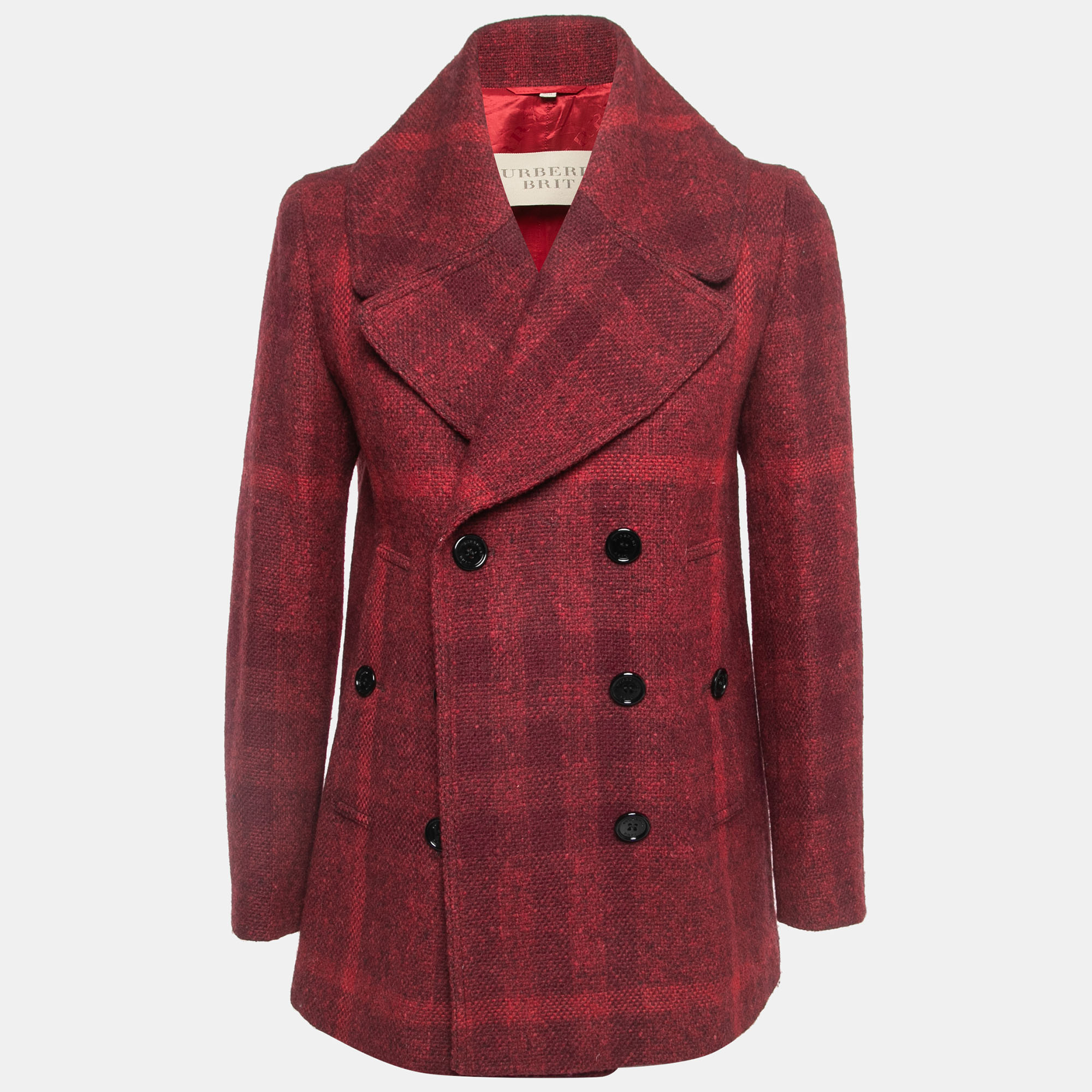 Burberry Brit Red Checked Patterned Wool Double-Breasted Coat S