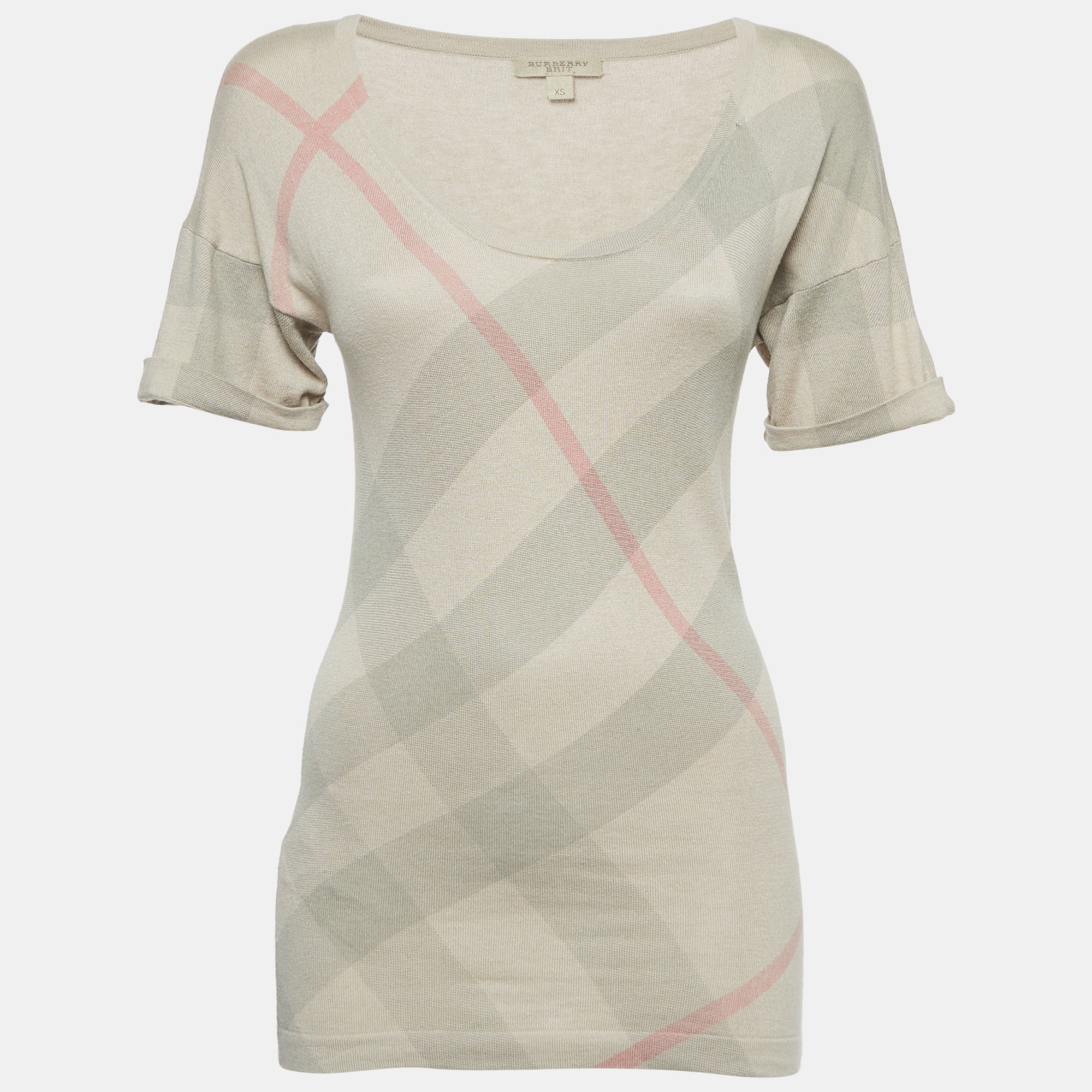 

Burberry Brit Beige Checked Silk Blend Knit V-Neck T-Shirt XS