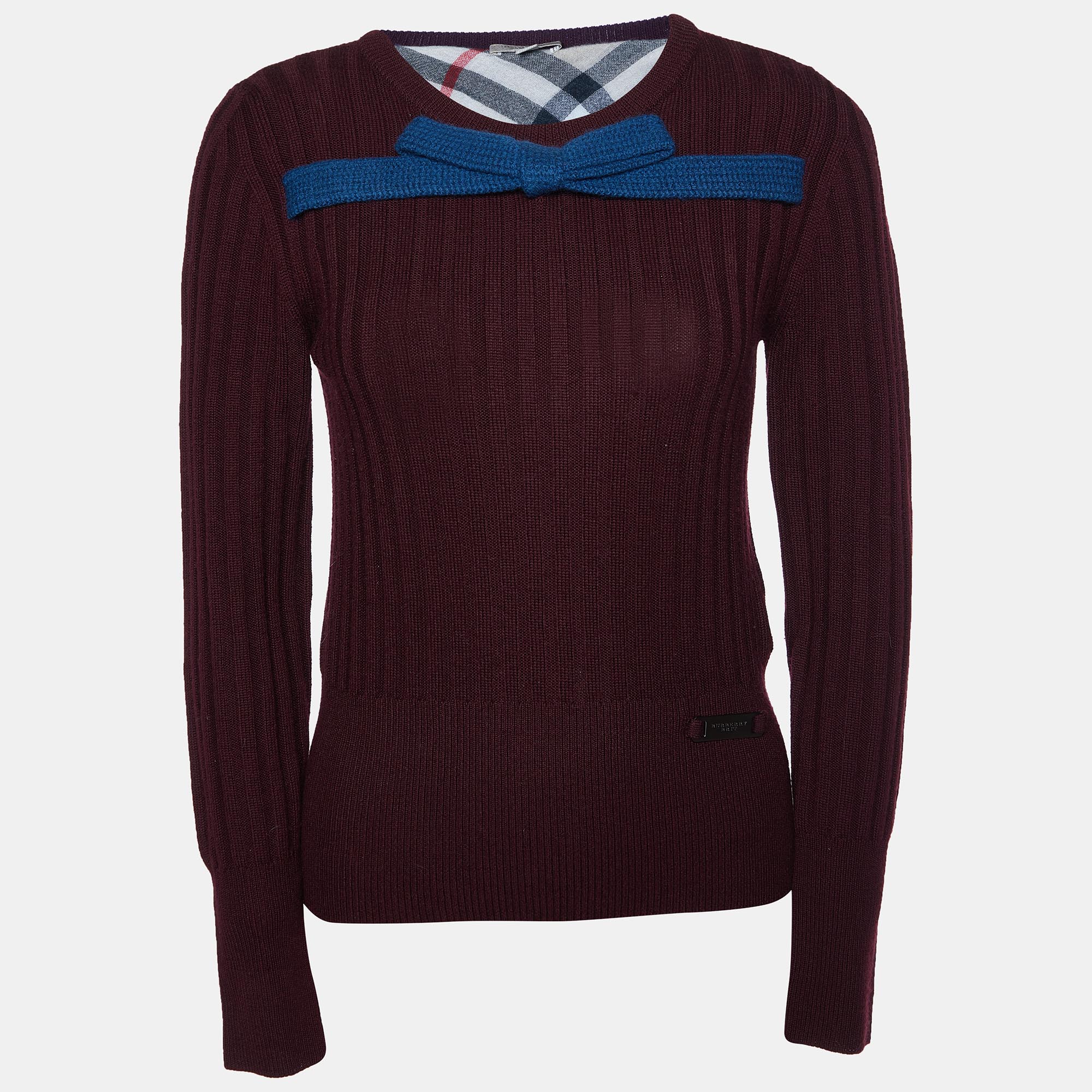 Pre-owned Burberry Burgundy Merino Wool Knit Bow Detail Jumper S