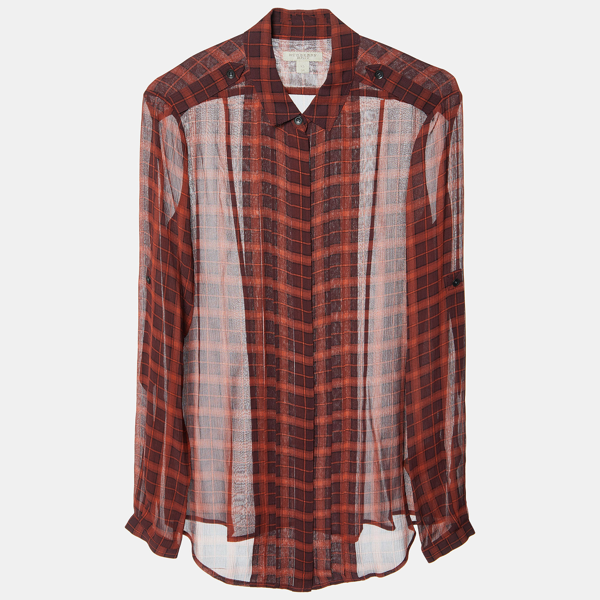 

Burberry Brit Brick Red Plaid Check Silk Crepe Pleated Shirt XS