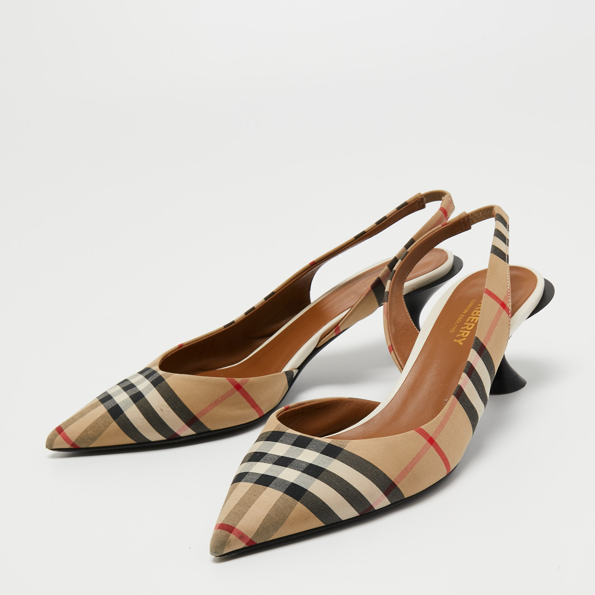 

Burberry Brown Canvas Check Slingback Pumps Size