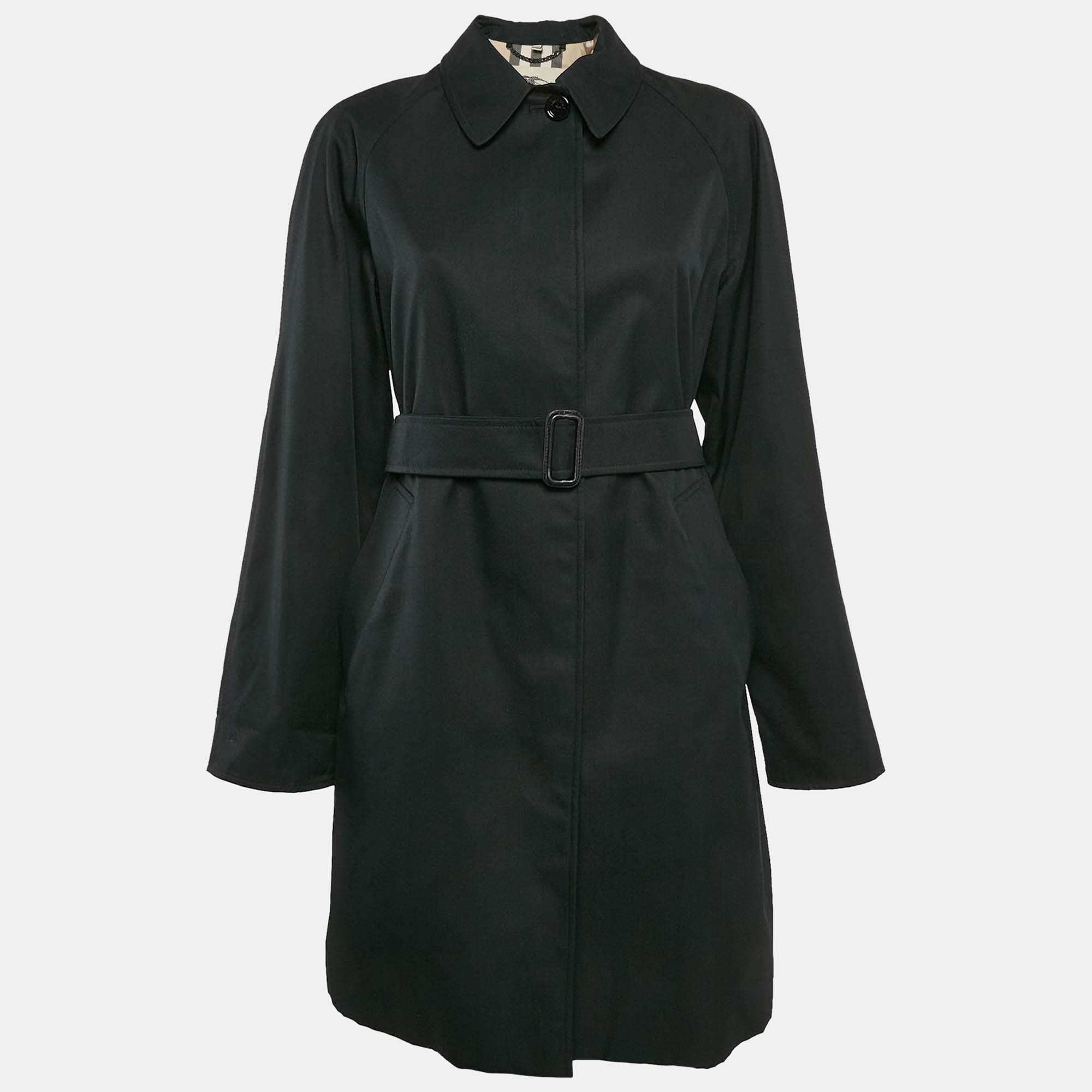 

Burberry London Black Gabardine Belted Mid-Length Coat S