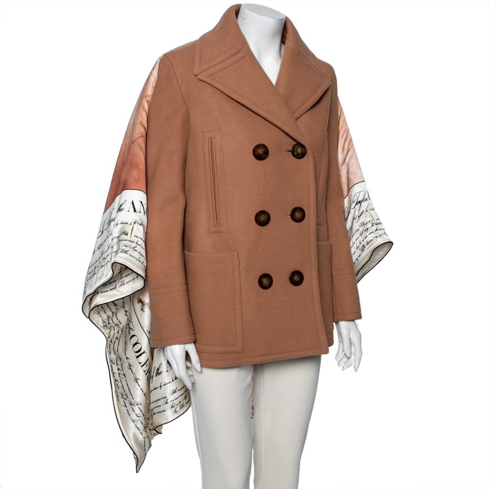 

Burberry Brown Wool & Mariner Printed Silk Blanket Detail Pea Coat