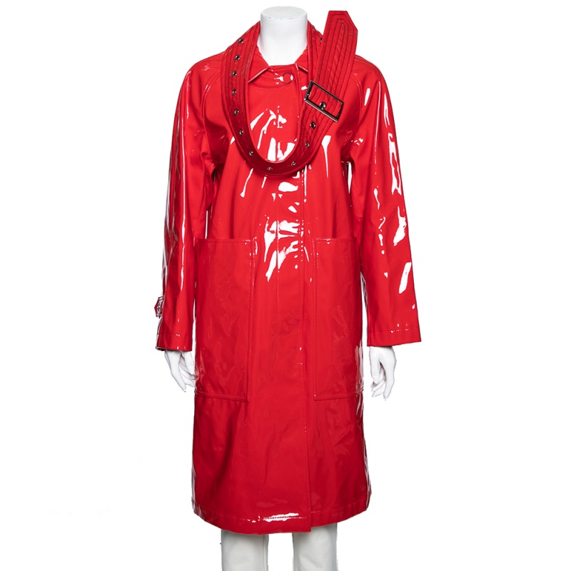 

Burberry London Bright Red Faux Leather Belt Detail Coat