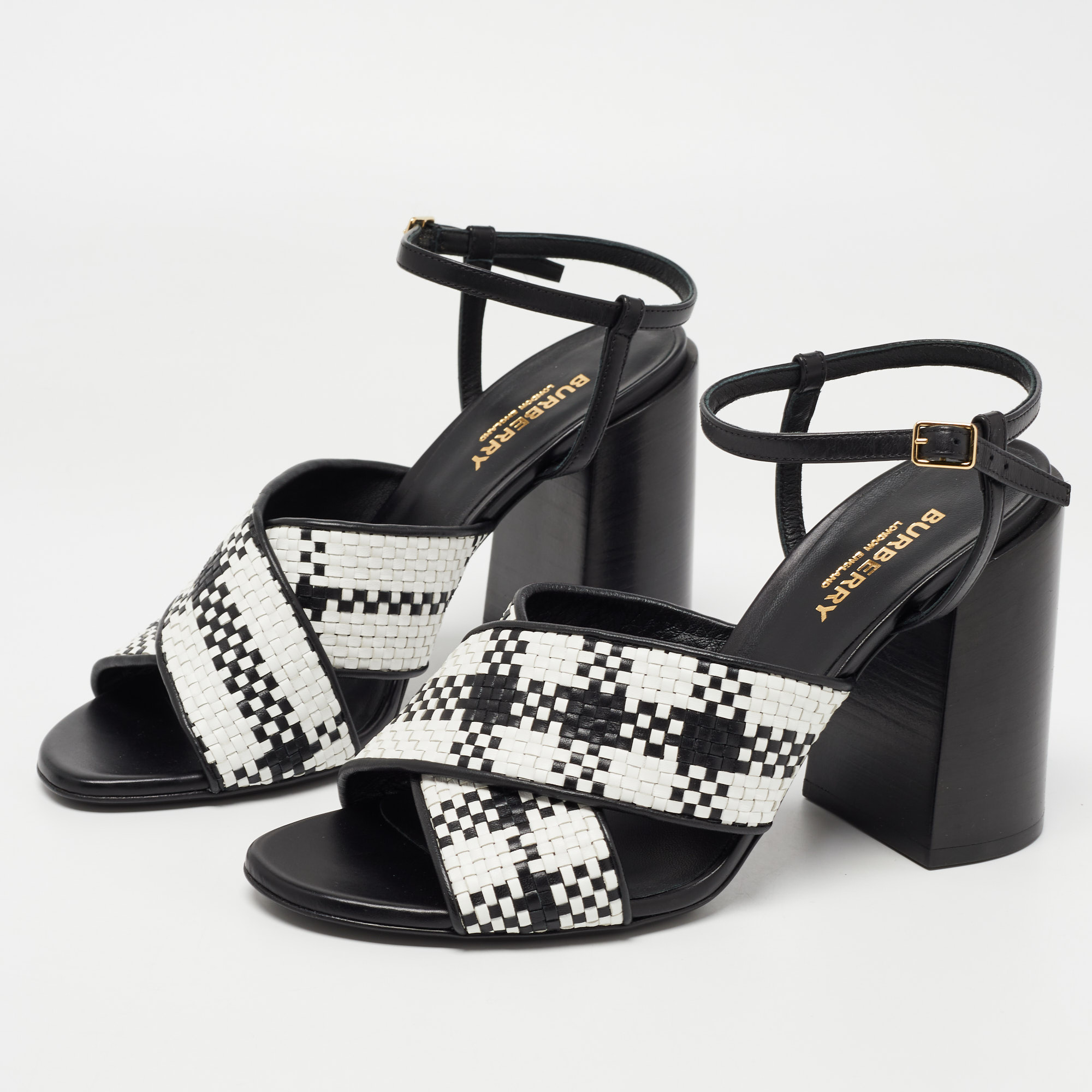 

Burberry Black/White Woven Leather London Ankle Strap Sandals Size