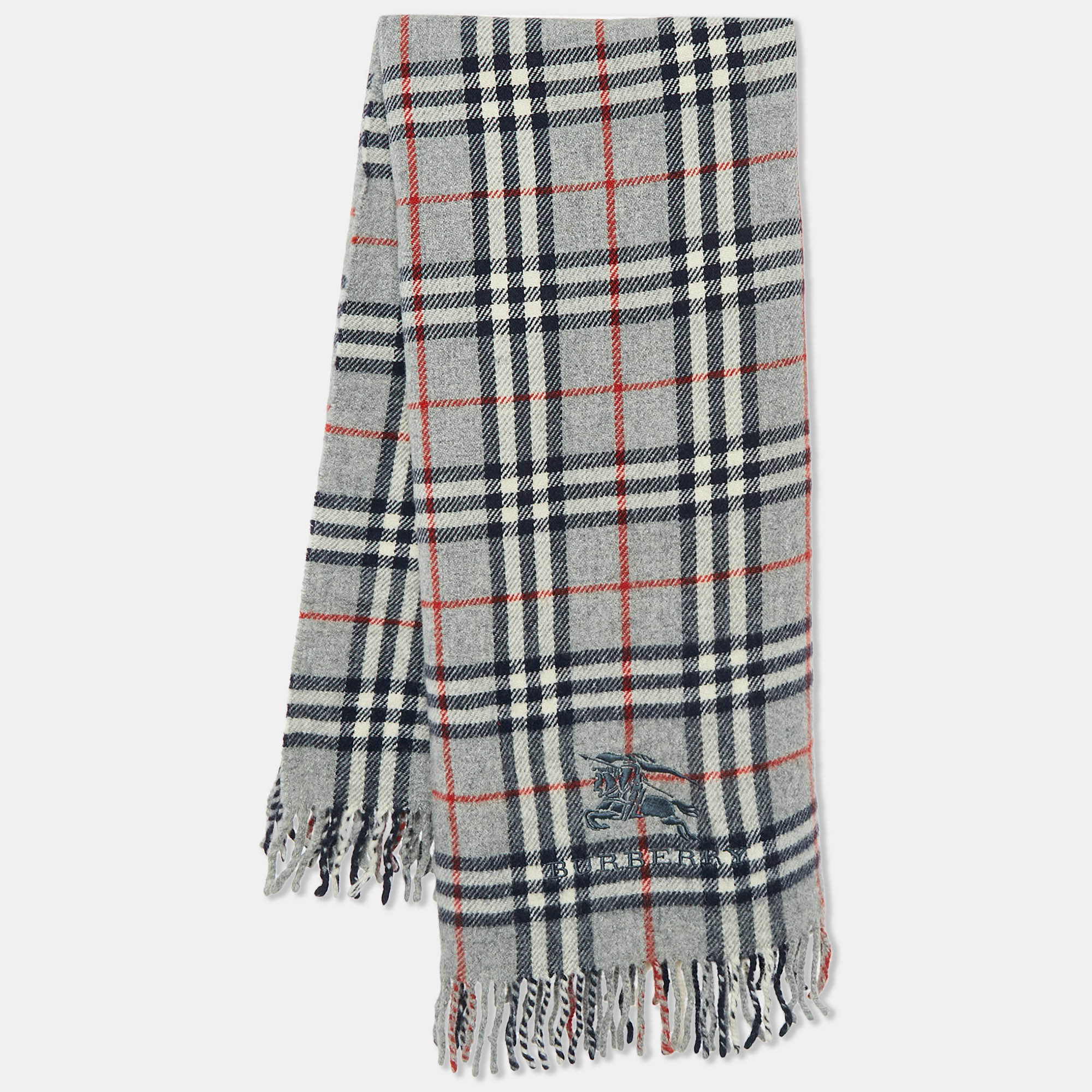 

Burberry London Vintage Grey Nova Check Wool Fringed Scarf