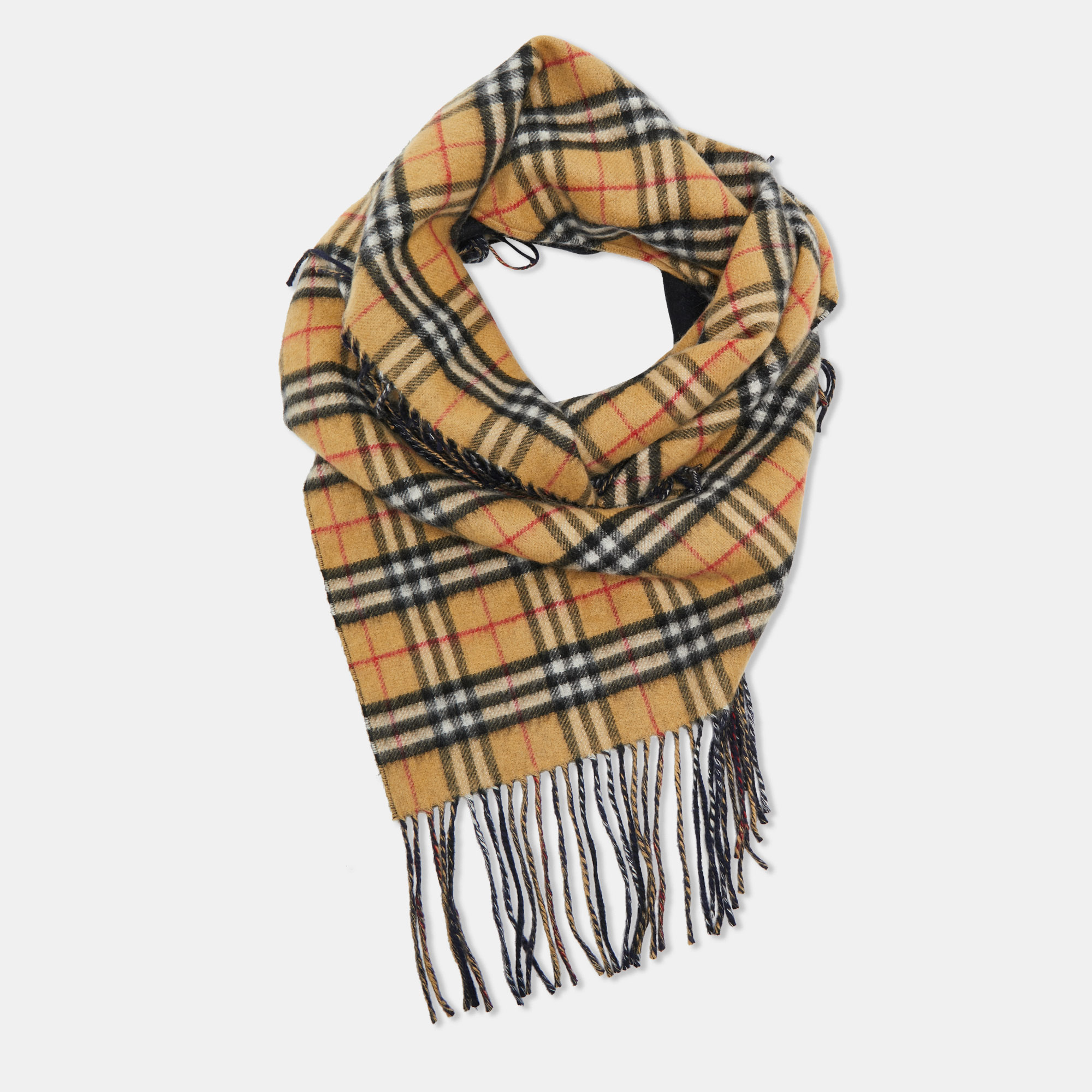 

Burberry Brown Checks Cashmere Fringed Shawl, Beige