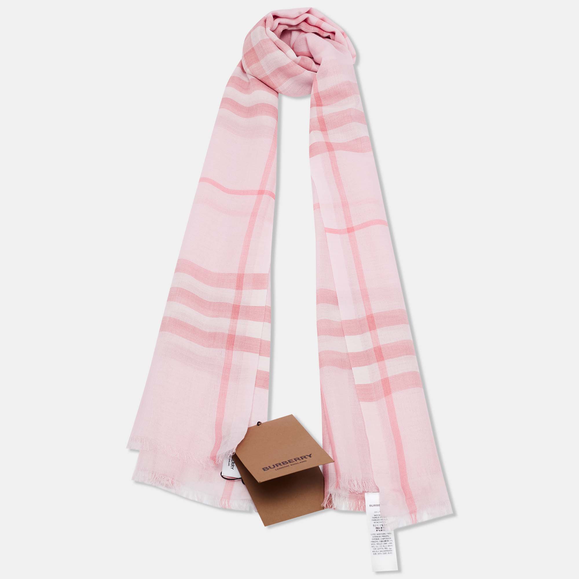 

Burberry London Pink Giant Check Pattern Silk & Wool Fringed Scarf