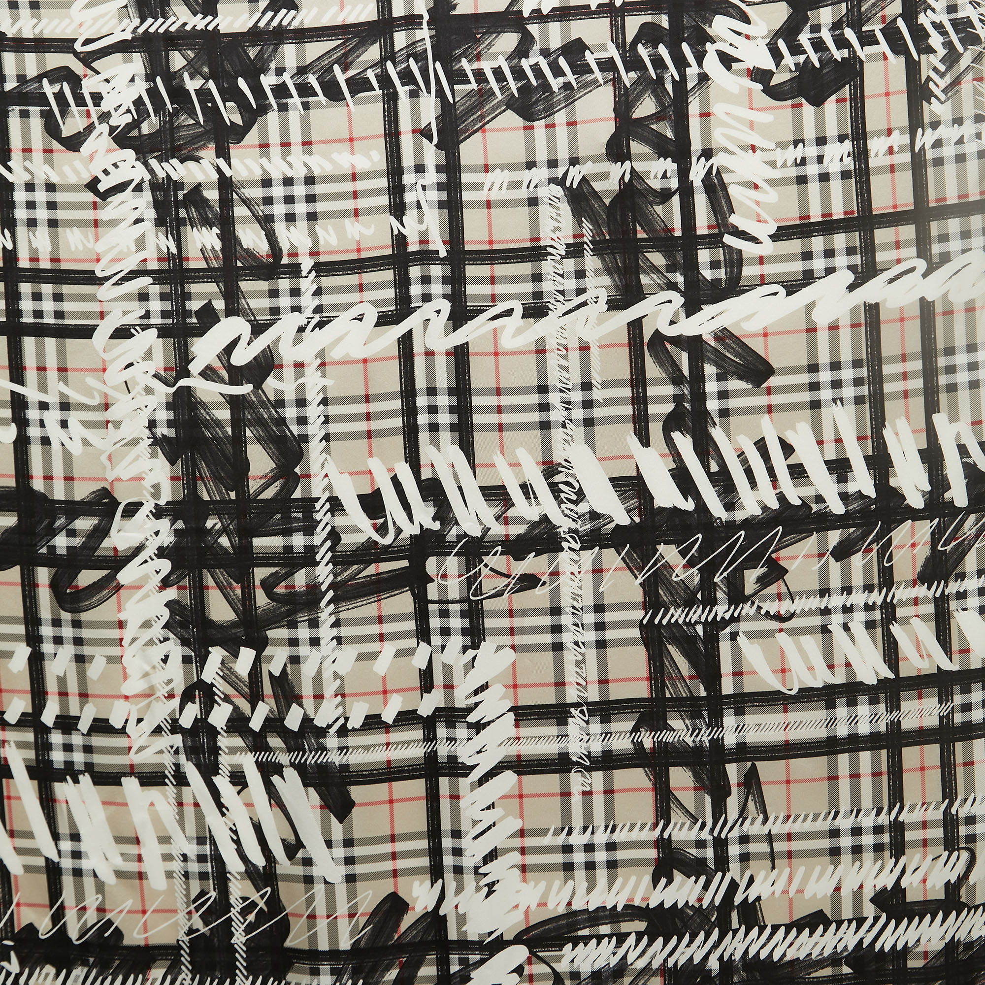 

Burberry Beige Scribble Printed Checkered Silk Scarf