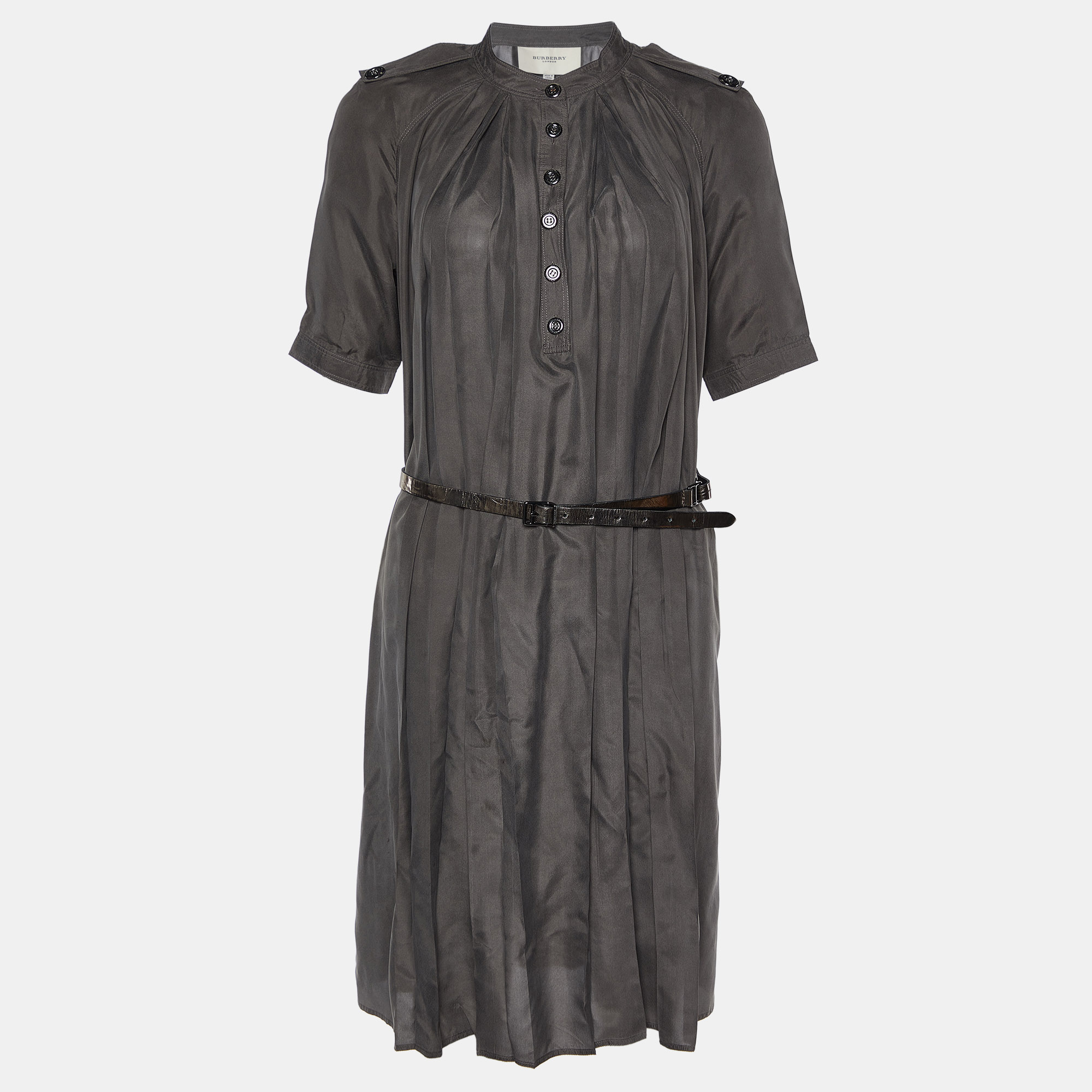 

Burberry London Grey Silk Pleated Belted Shirt Dress S