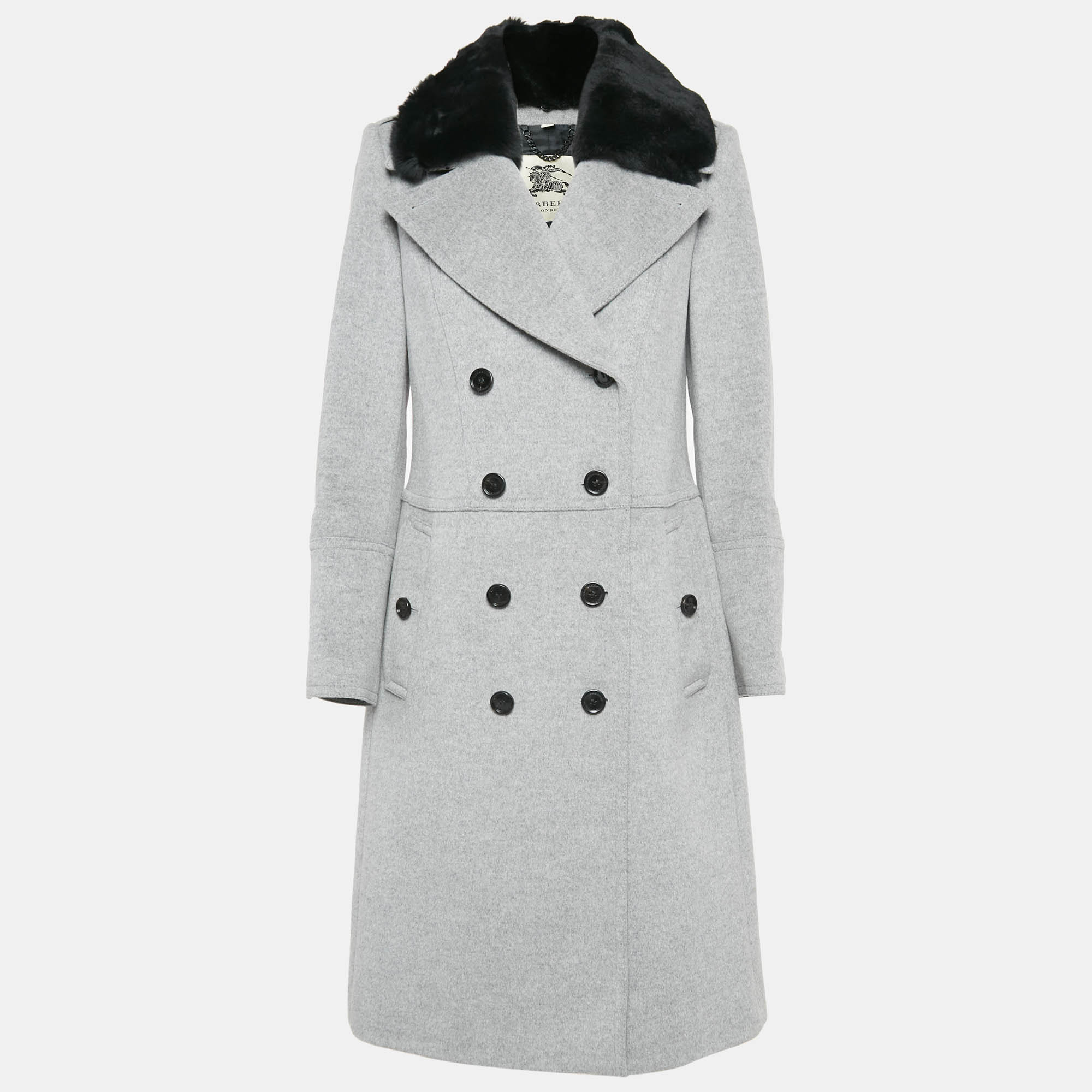 

Burberry London Grey Rabbit Fur Trim Wool Double Breasted Coat M