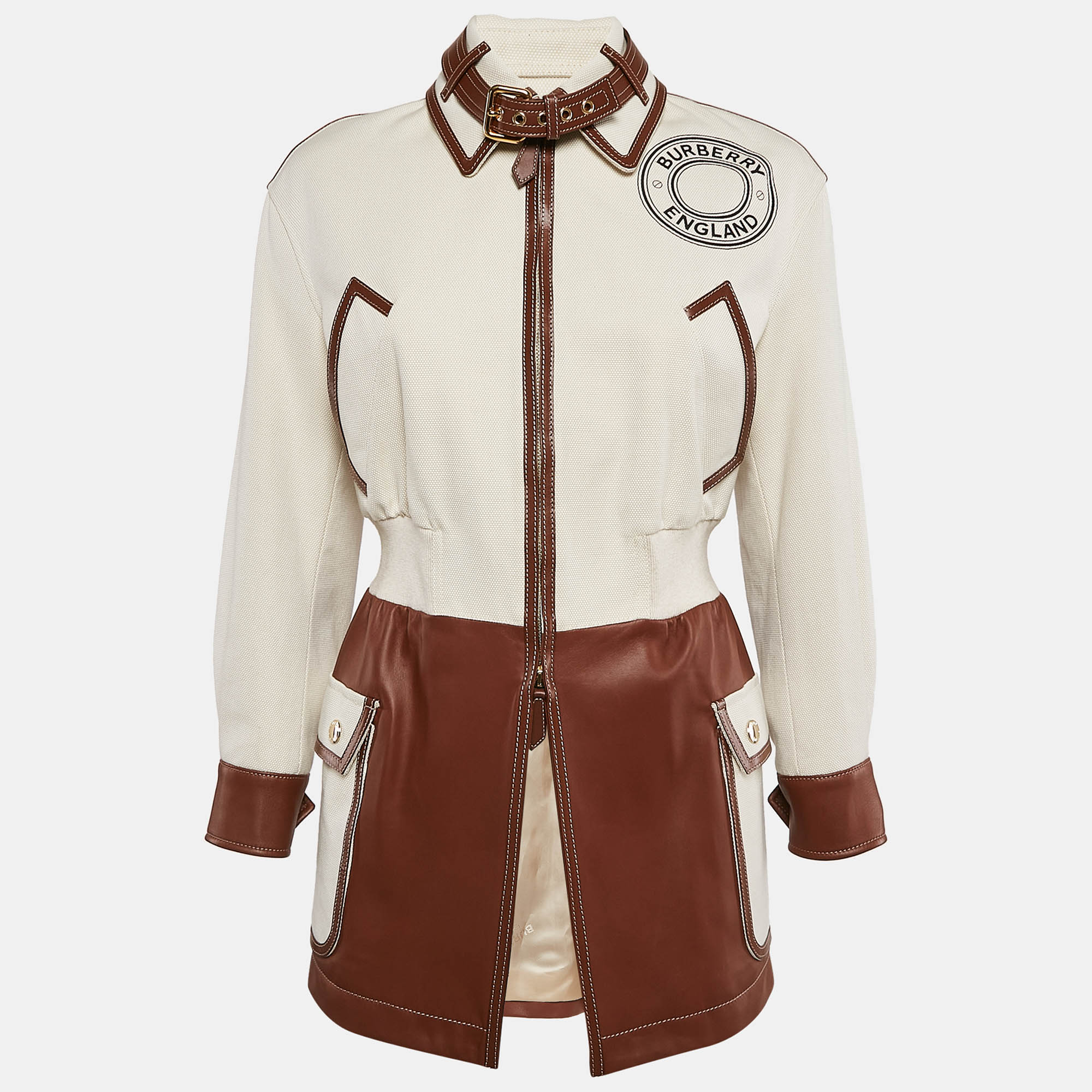 

Burberry London Beige/Brown Logo Print Canvas and Leather Zip-Up Jacket XXS, Cream