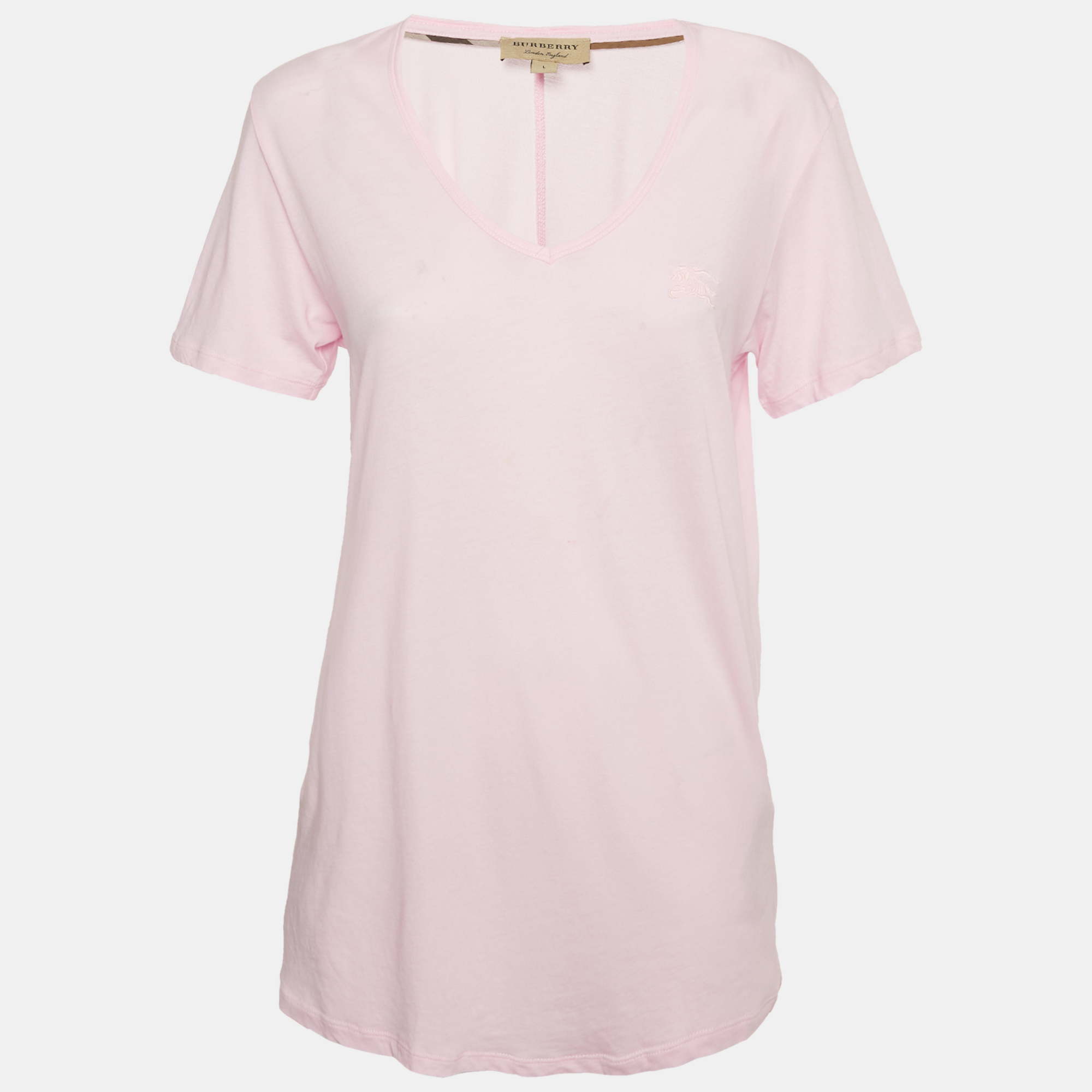 

Burberry Pink Logo Embroidered Cotton V-Neck T-Shirt L